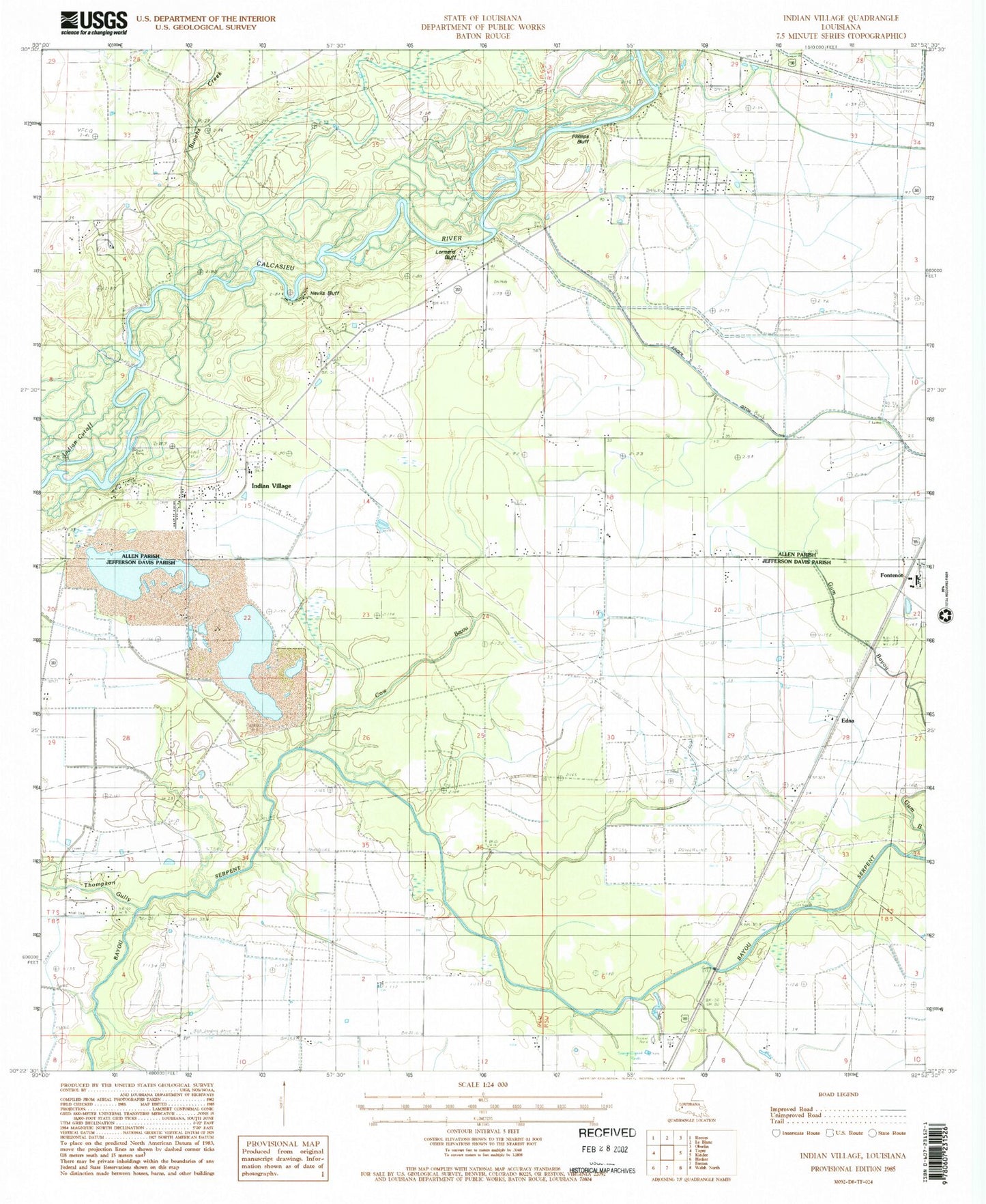 Classic USGS Indian Village Louisiana 7.5'x7.5' Topo Map Image