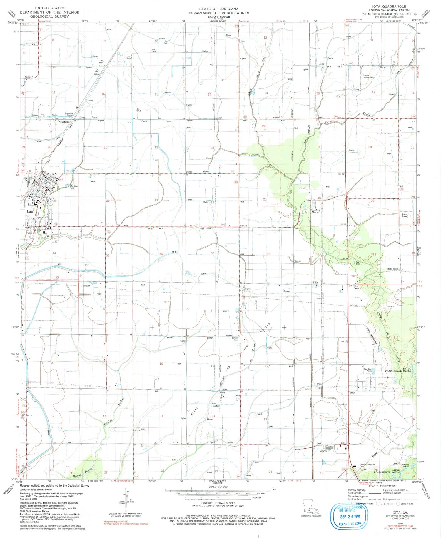 Classic USGS Iota Louisiana 7.5'x7.5' Topo Map Image