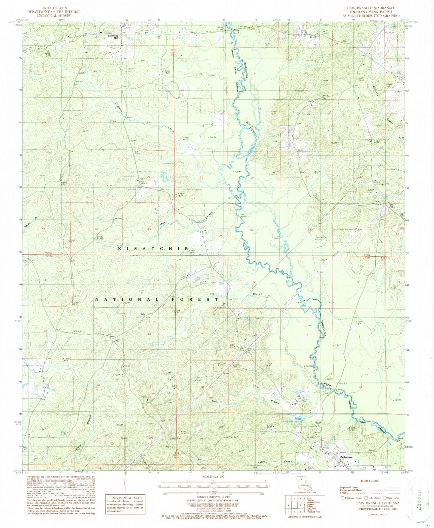 Classic USGS Iron Branch Louisiana 7.5'x7.5' Topo Map Image