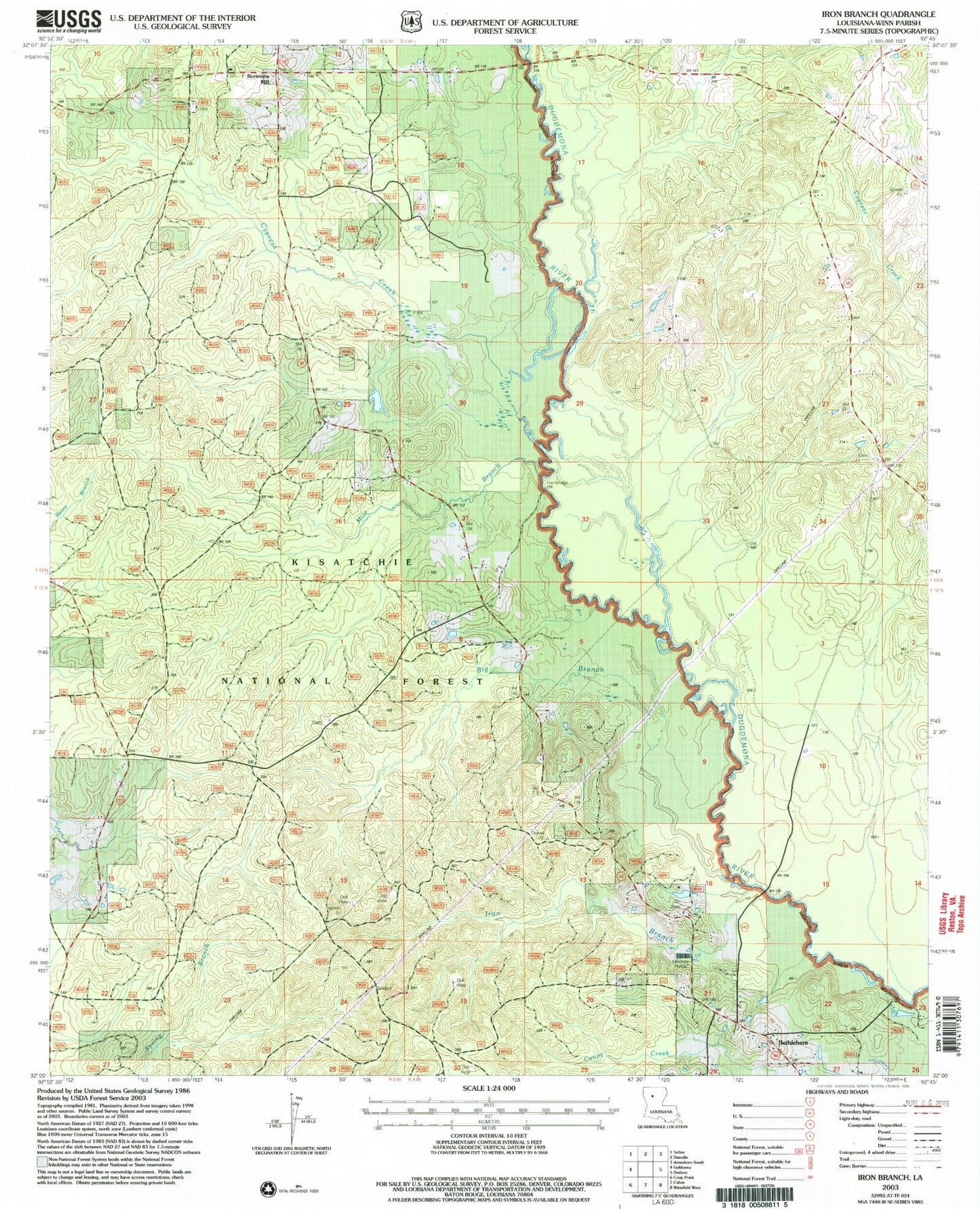 Classic USGS Iron Branch Louisiana 7.5'x7.5' Topo Map Image