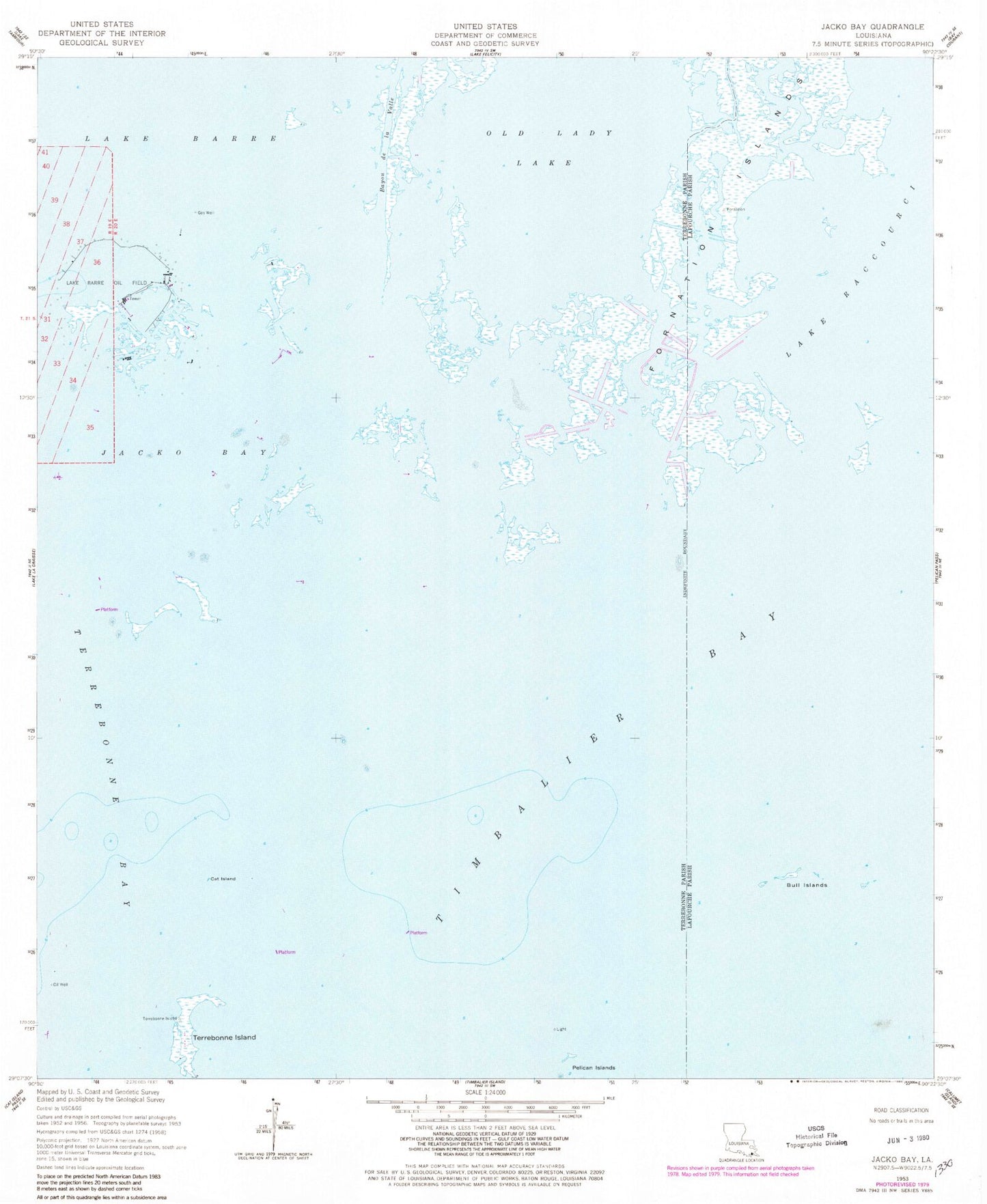 Classic USGS Jacko Bay Louisiana 7.5'x7.5' Topo Map Image