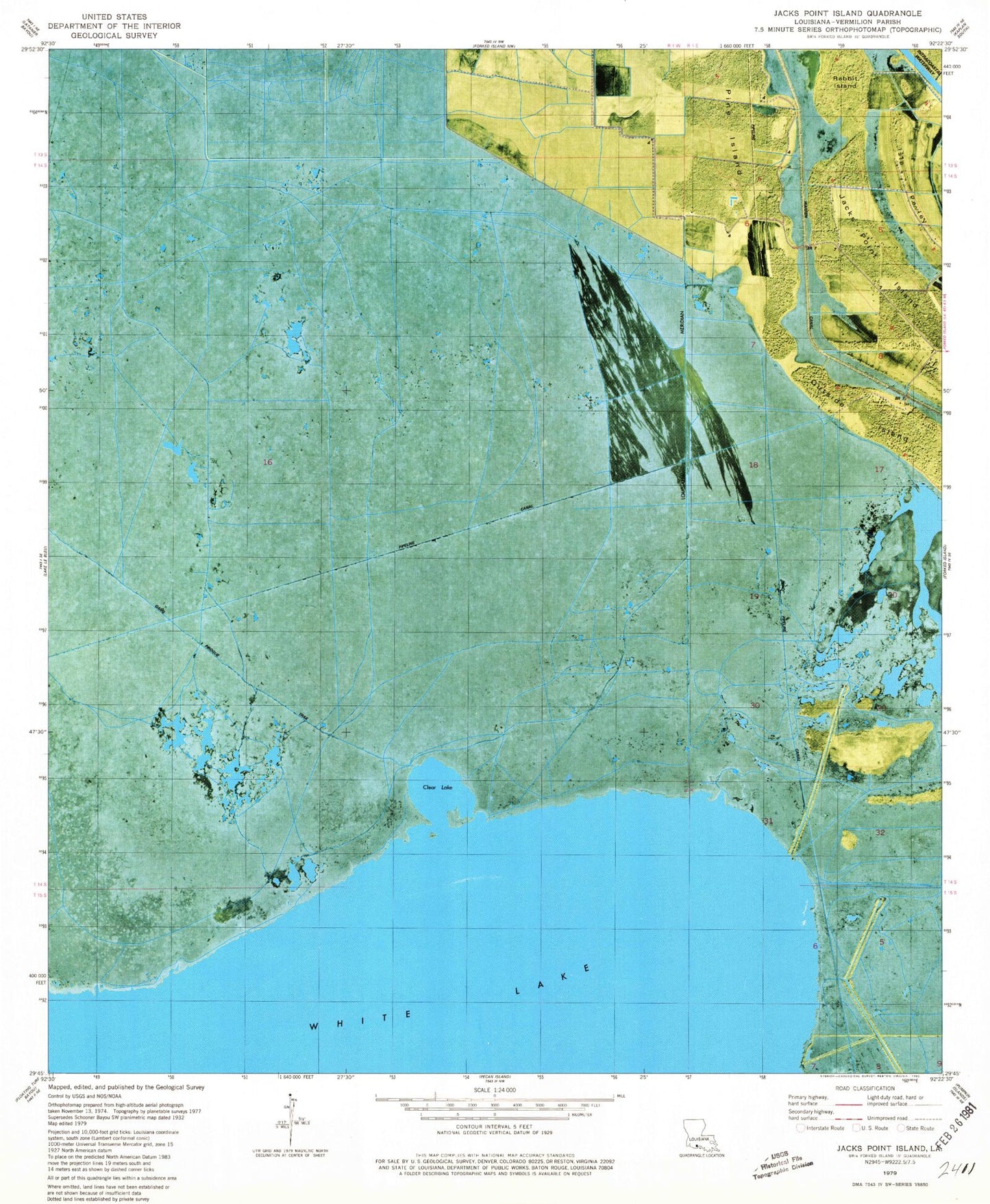 Classic USGS Jacks Point Island Louisiana 7.5'x7.5' Topo Map Image