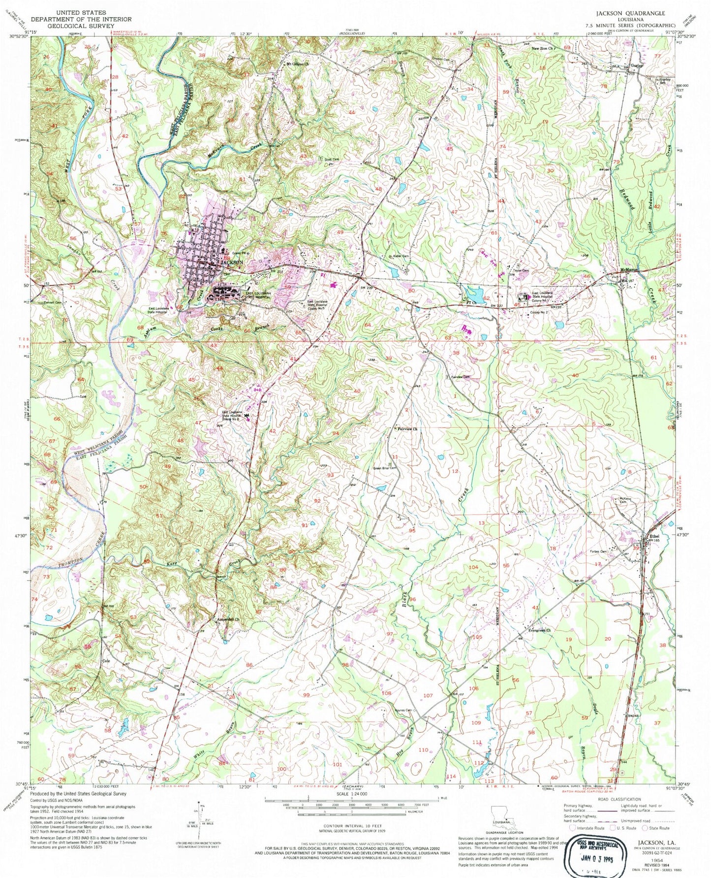 Classic USGS Jackson Louisiana 7.5'x7.5' Topo Map Image