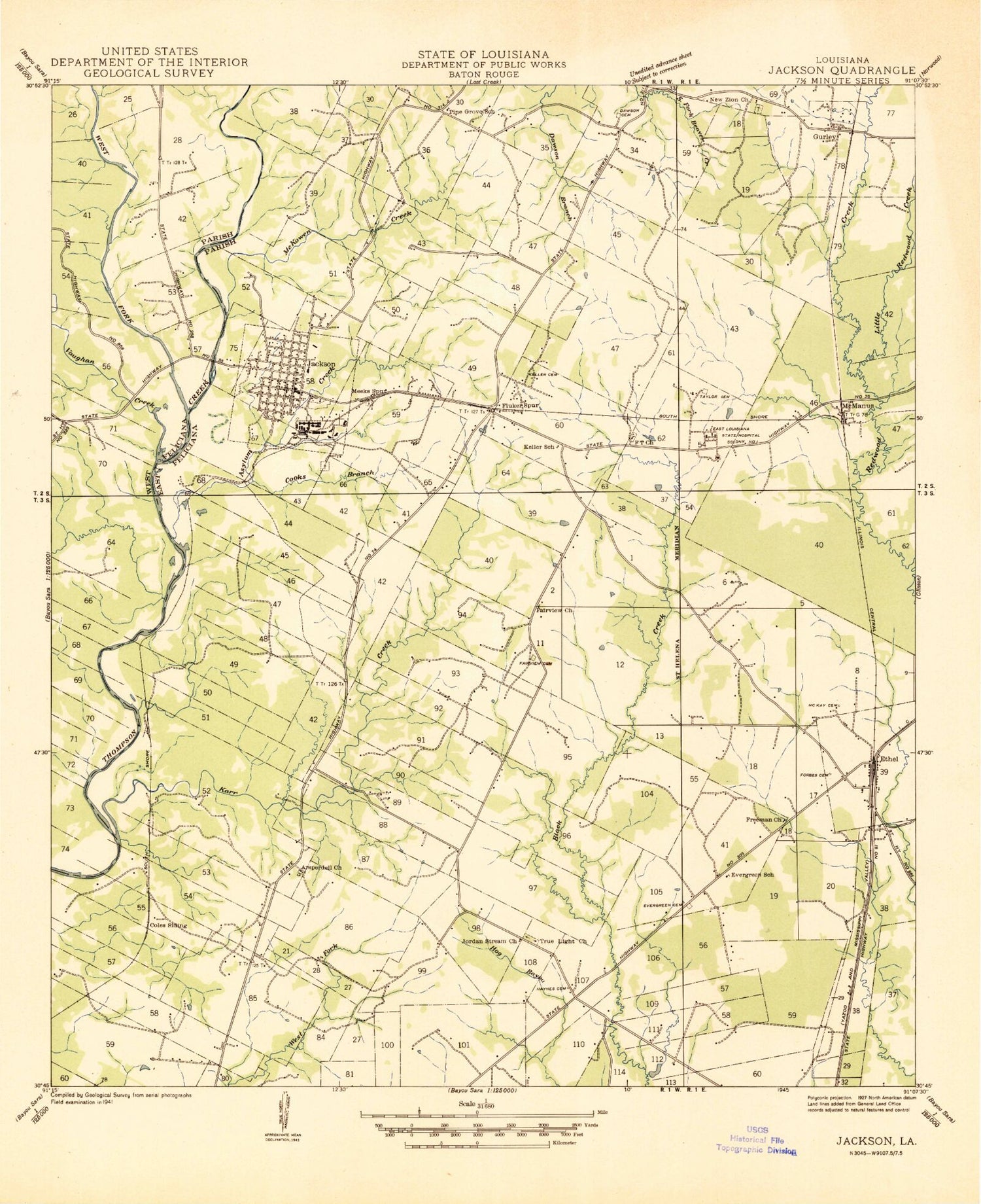 Classic USGS Jackson Louisiana 7.5'x7.5' Topo Map Image