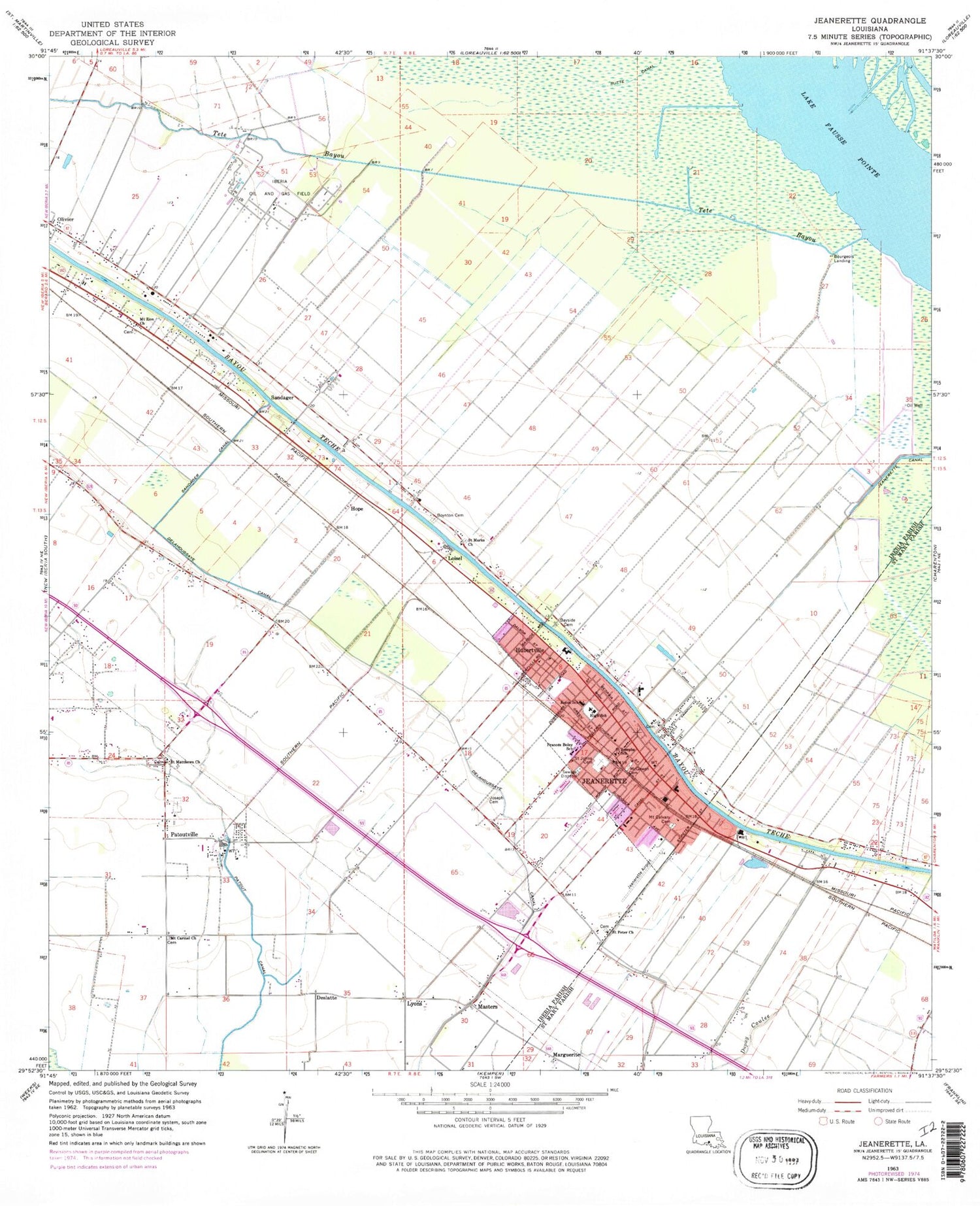 Classic USGS Jeanerette Louisiana 7.5'x7.5' Topo Map Image