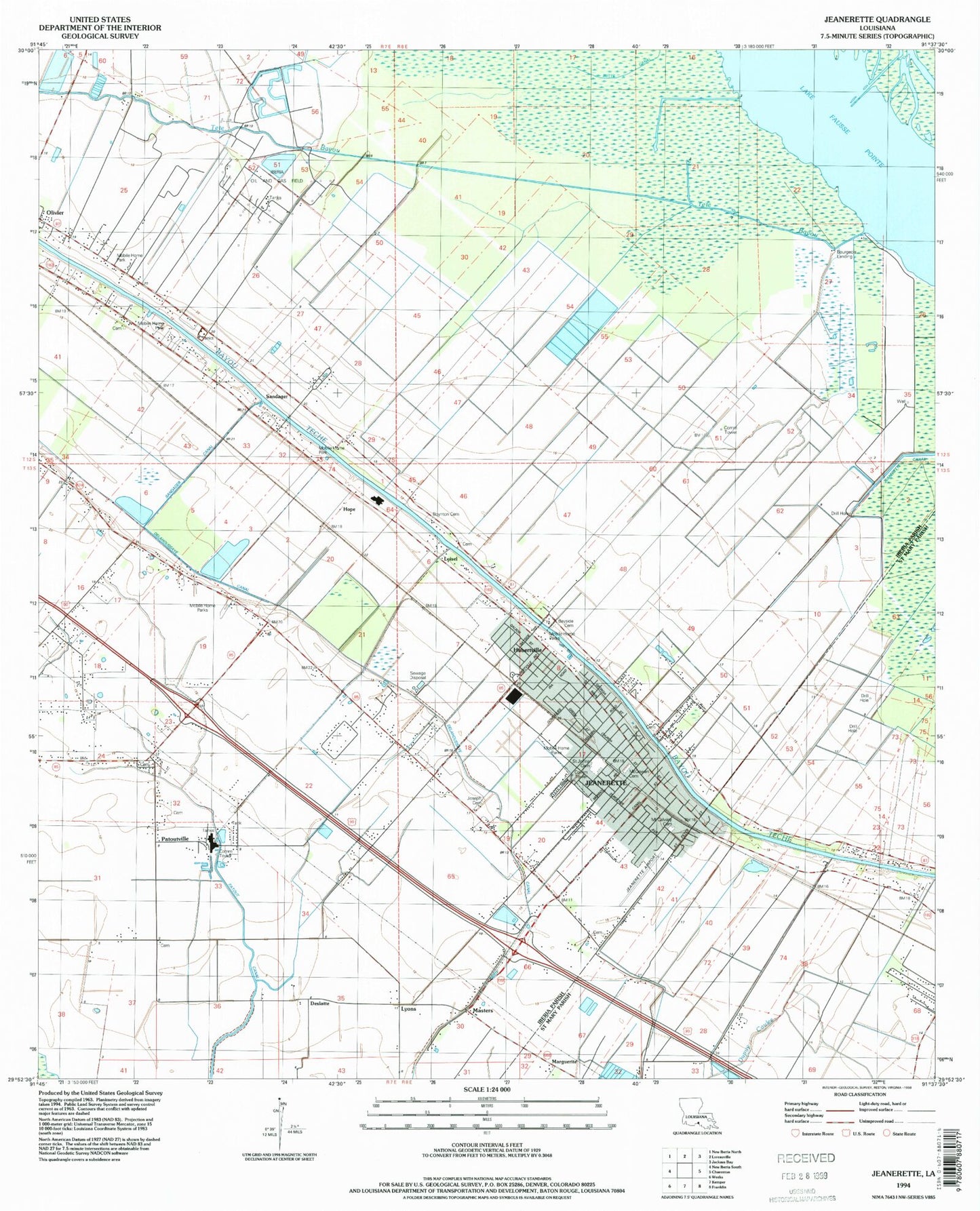 Classic USGS Jeanerette Louisiana 7.5'x7.5' Topo Map Image