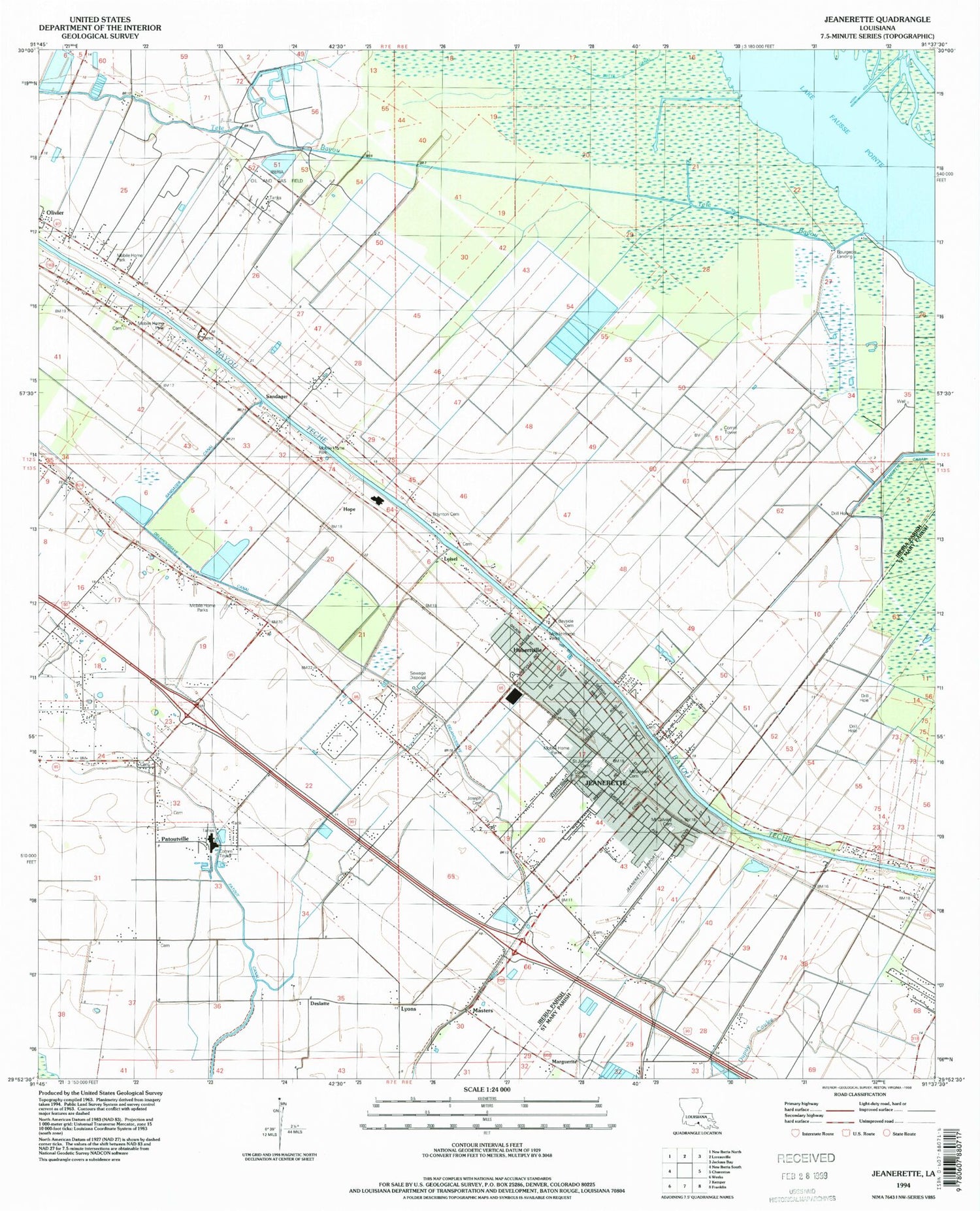 Classic USGS Jeanerette Louisiana 7.5'x7.5' Topo Map Image