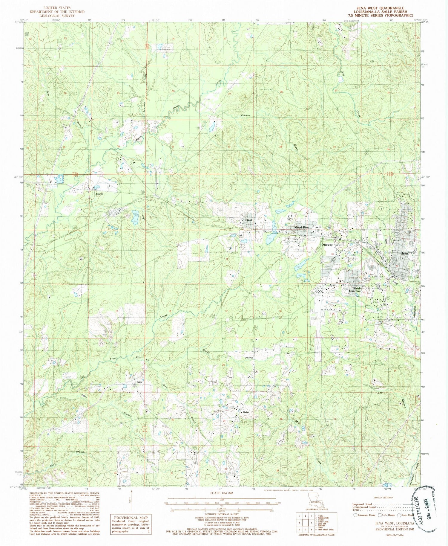 Classic USGS Jena West Louisiana 7.5'x7.5' Topo Map Image