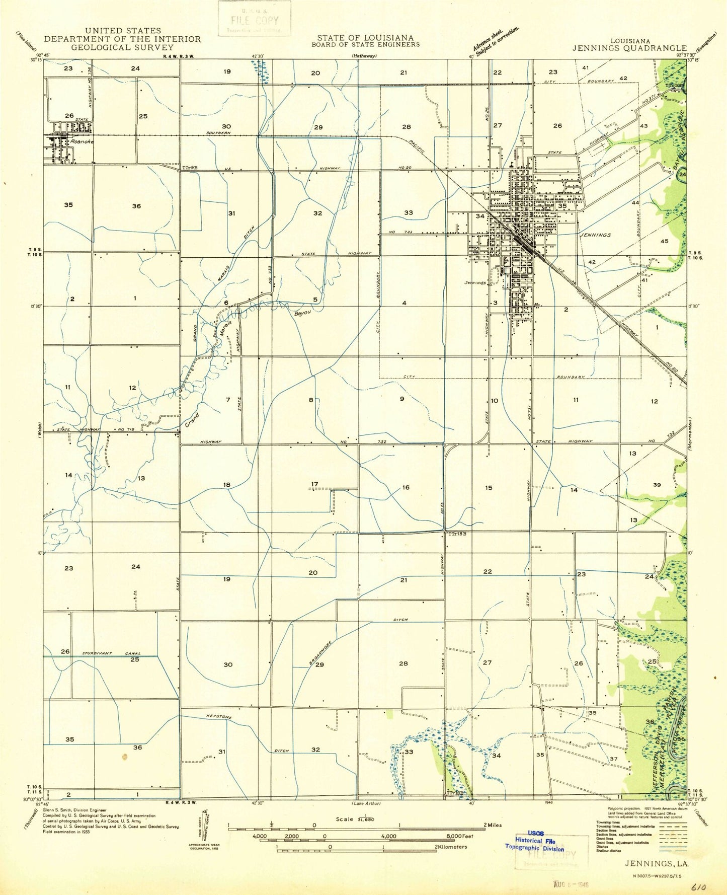 Classic USGS Jennings Louisiana 7.5'x7.5' Topo Map Image