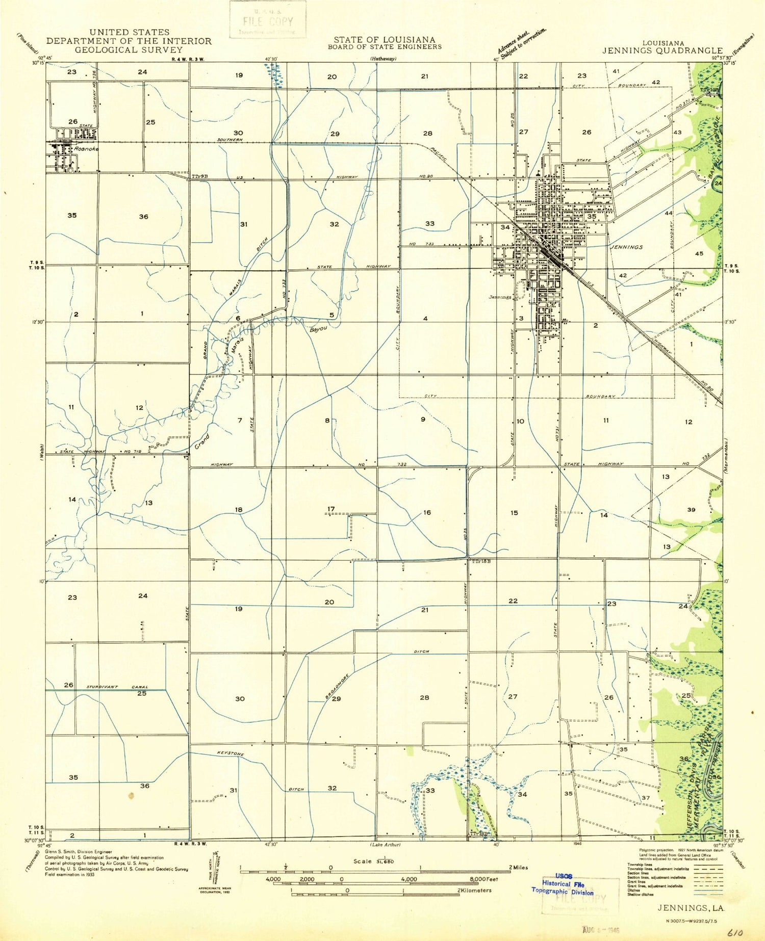 Classic USGS Jennings Louisiana 7.5'x7.5' Topo Map Image