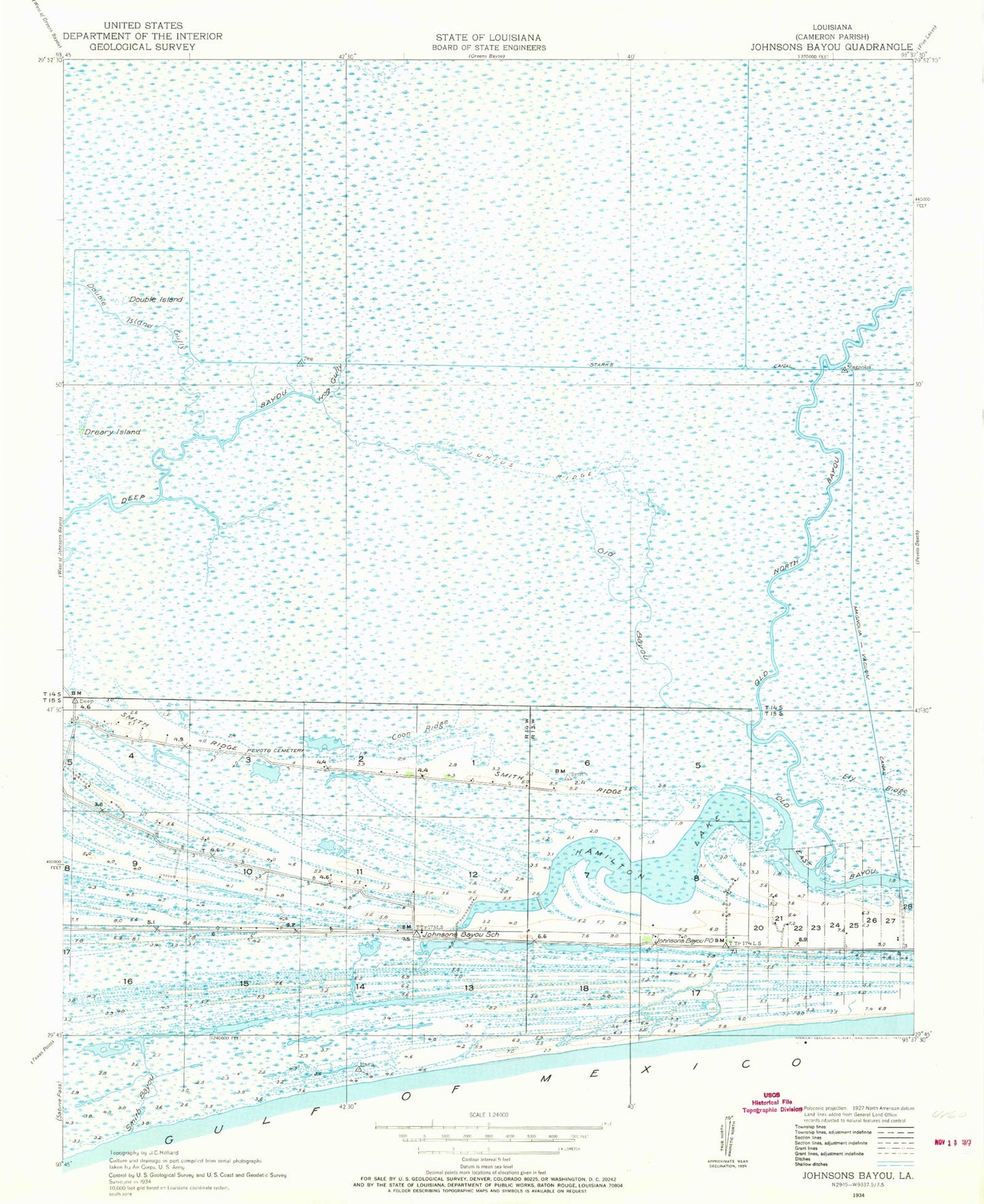 Classic USGS Johnson Bayou Louisiana 7.5'x7.5' Topo Map Image