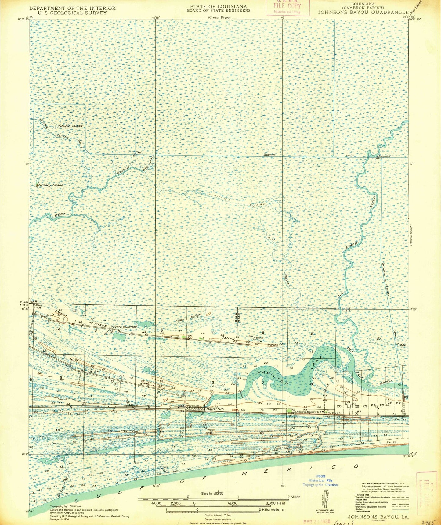 Classic USGS Johnson Bayou Louisiana 7.5'x7.5' Topo Map Image