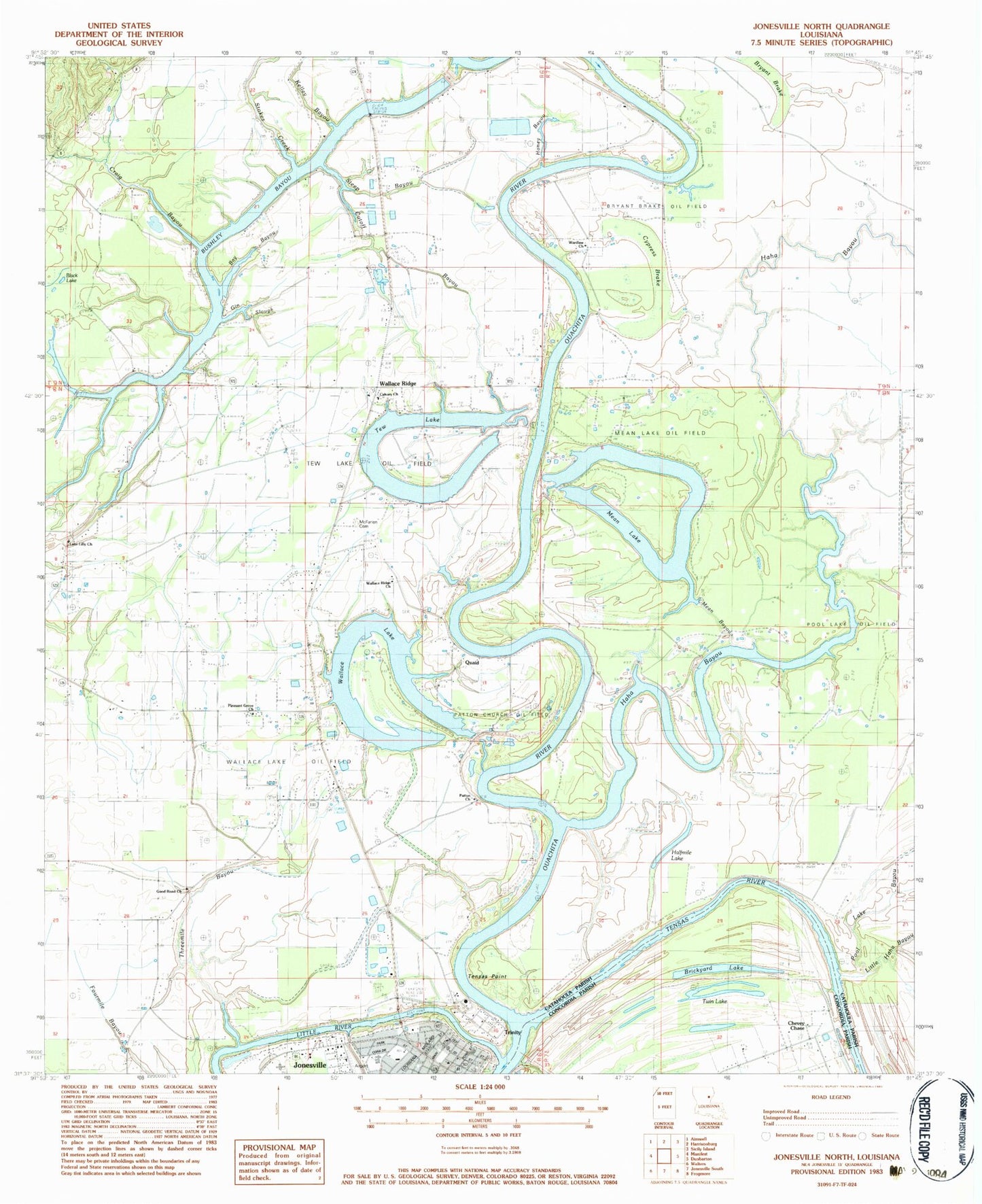 Classic USGS Jonesville North Louisiana 7.5'x7.5' Topo Map Image