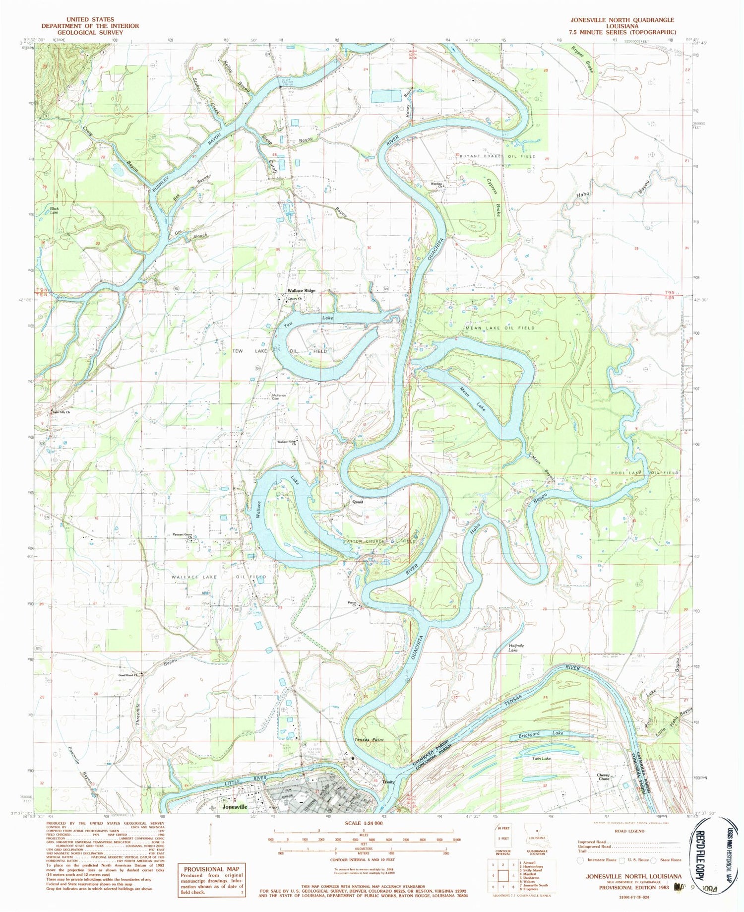 Classic USGS Jonesville North Louisiana 7.5'x7.5' Topo Map Image