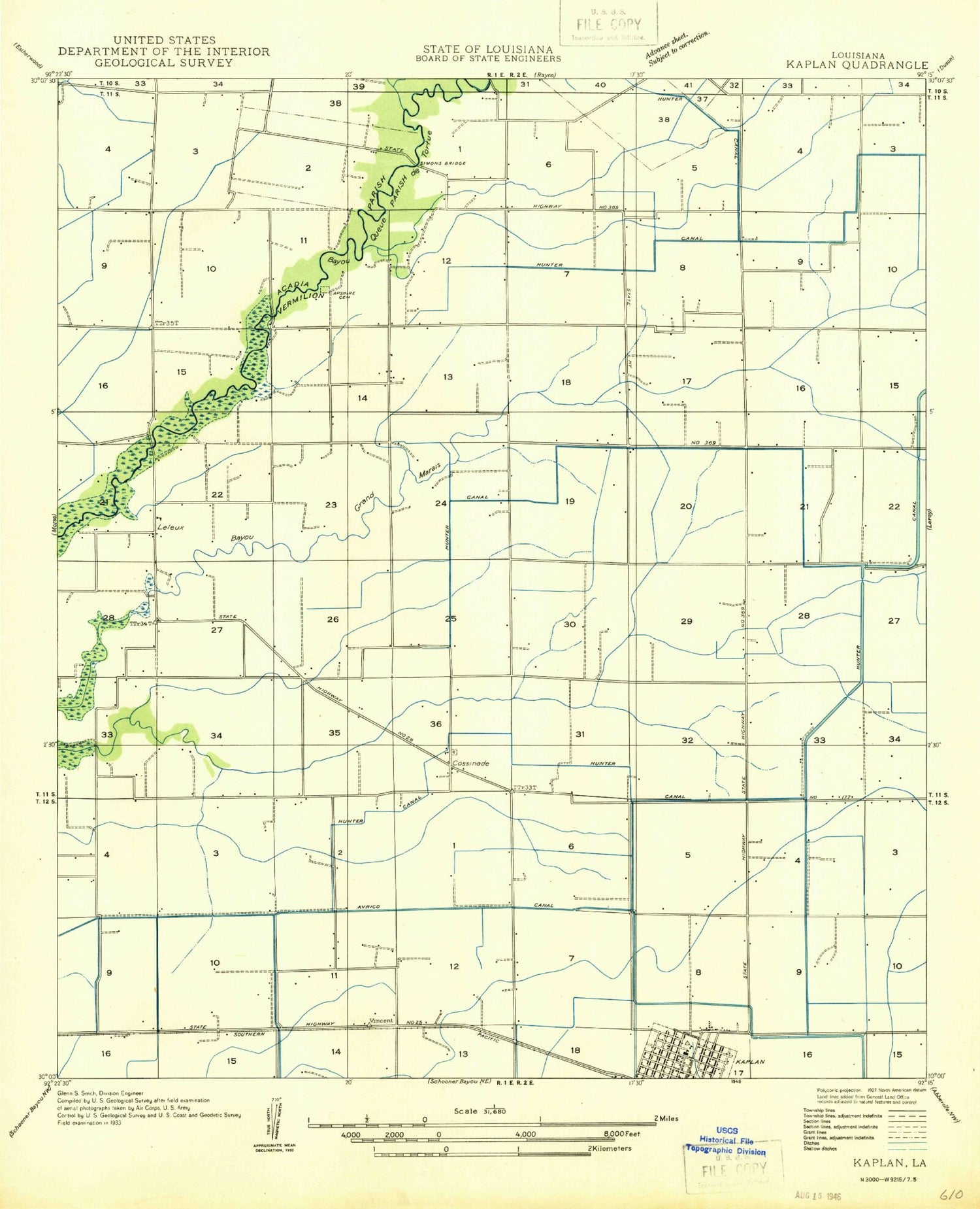 Classic USGS Kaplan North Louisiana 7.5'x7.5' Topo Map Image