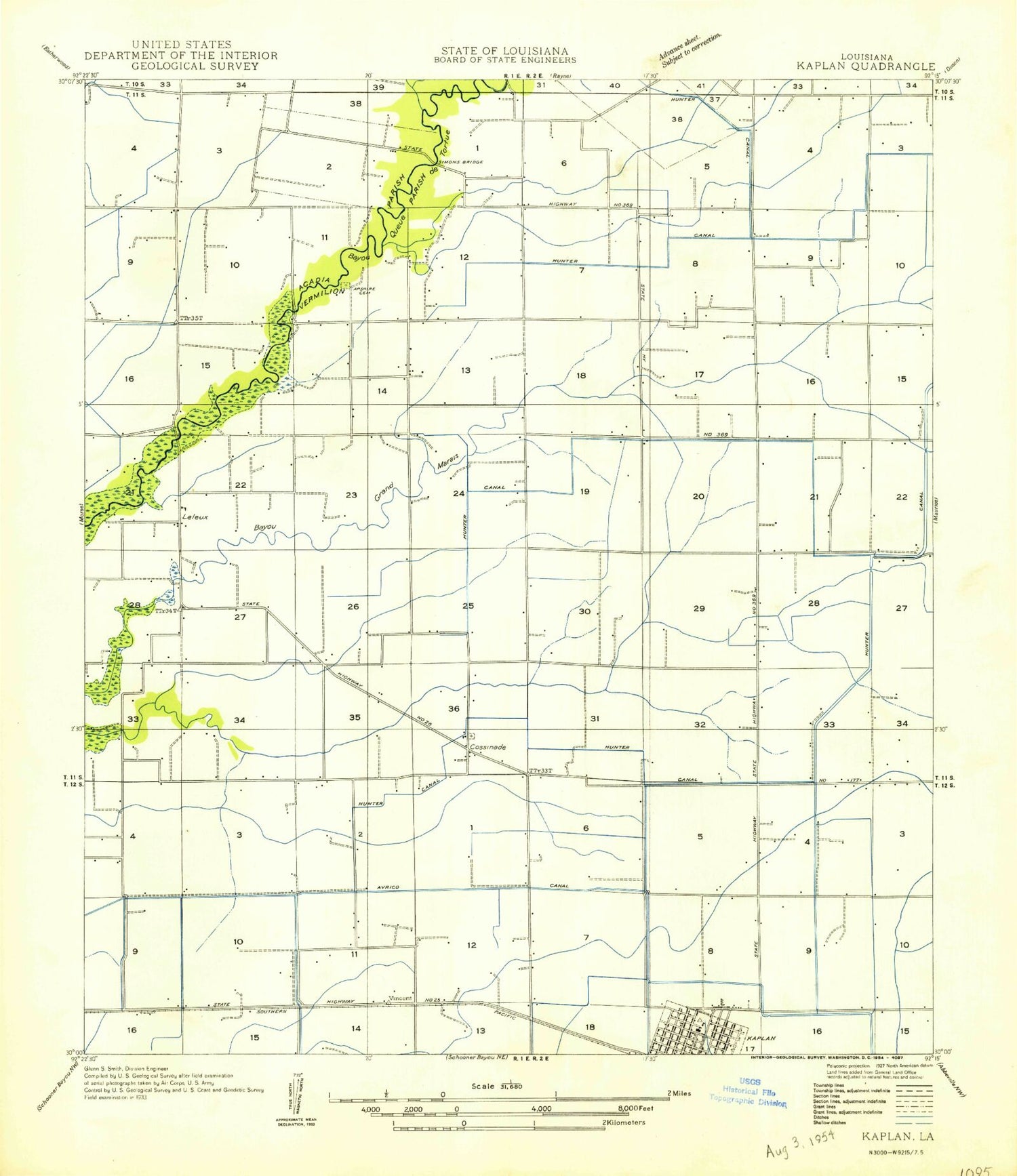 Classic USGS Kaplan North Louisiana 7.5'x7.5' Topo Map Image