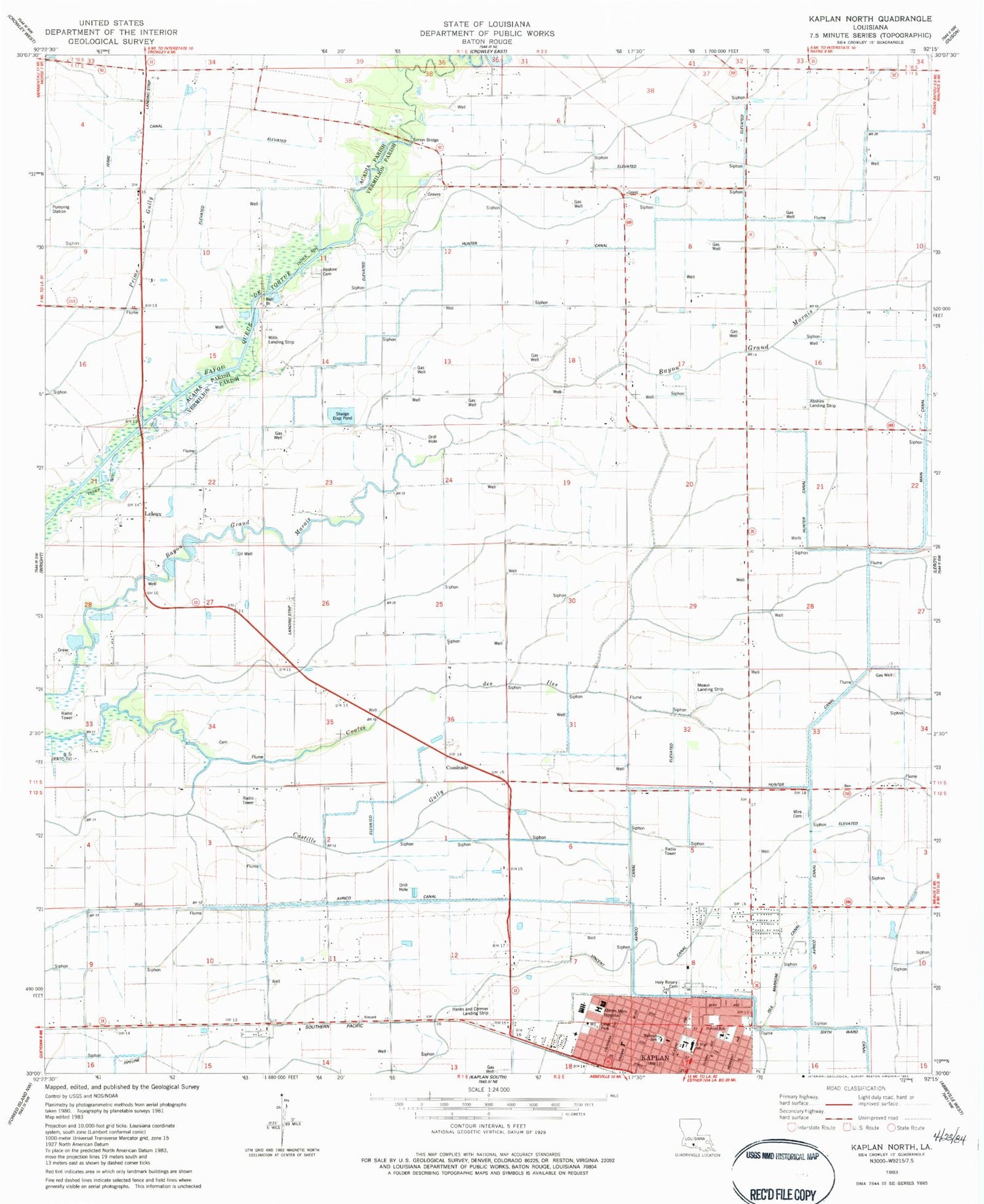 Classic USGS Kaplan North Louisiana 7.5'x7.5' Topo Map Image