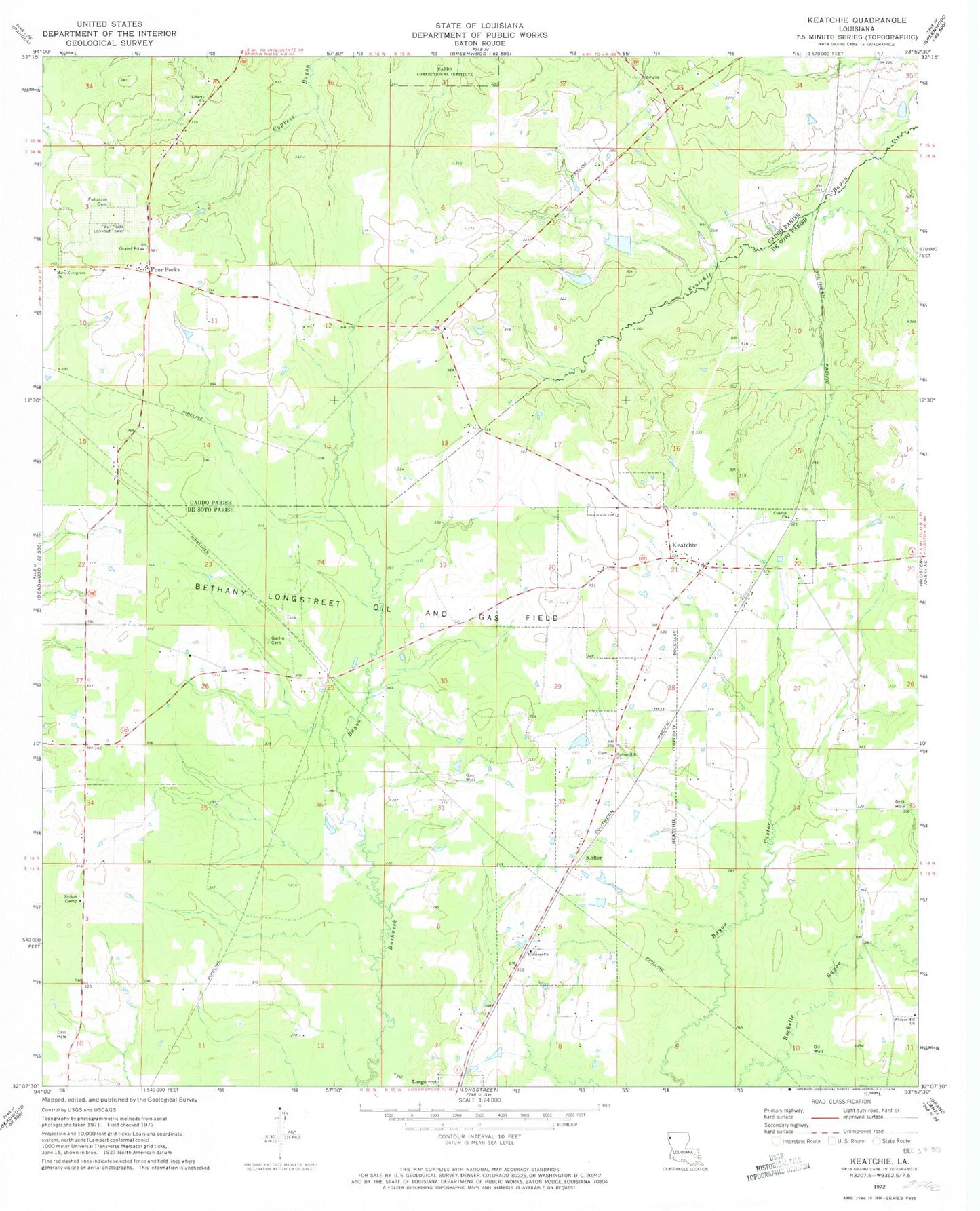 Classic USGS Keatchie Louisiana 7.5'x7.5' Topo Map Image