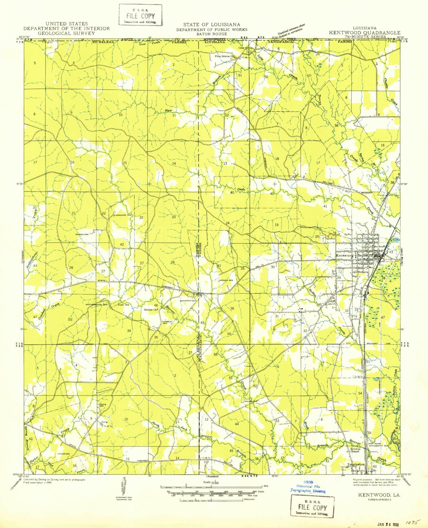 Classic USGS Kentwood Louisiana 7.5'x7.5' Topo Map Image