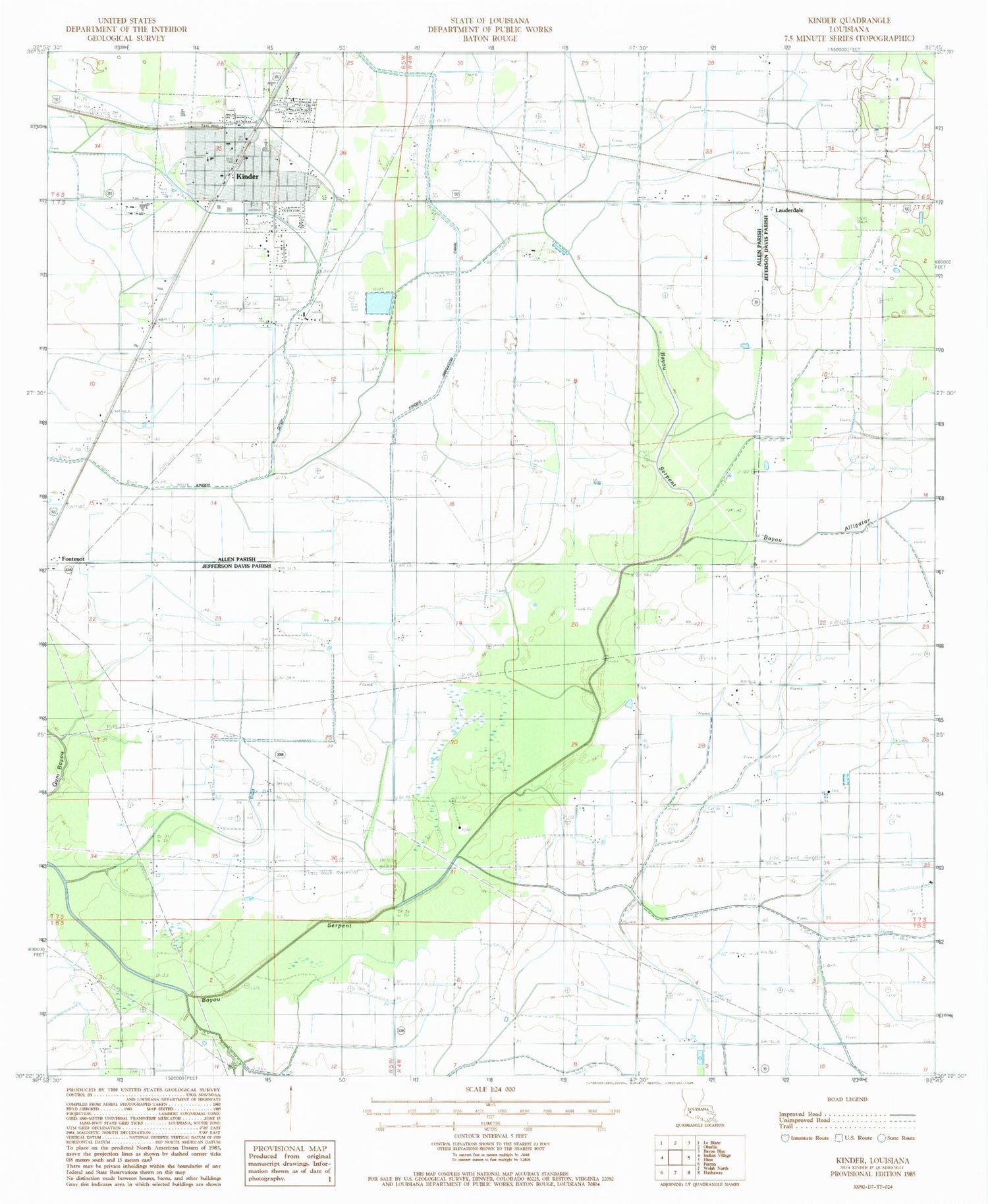 Classic USGS Kinder Louisiana 7.5'x7.5' Topo Map Image