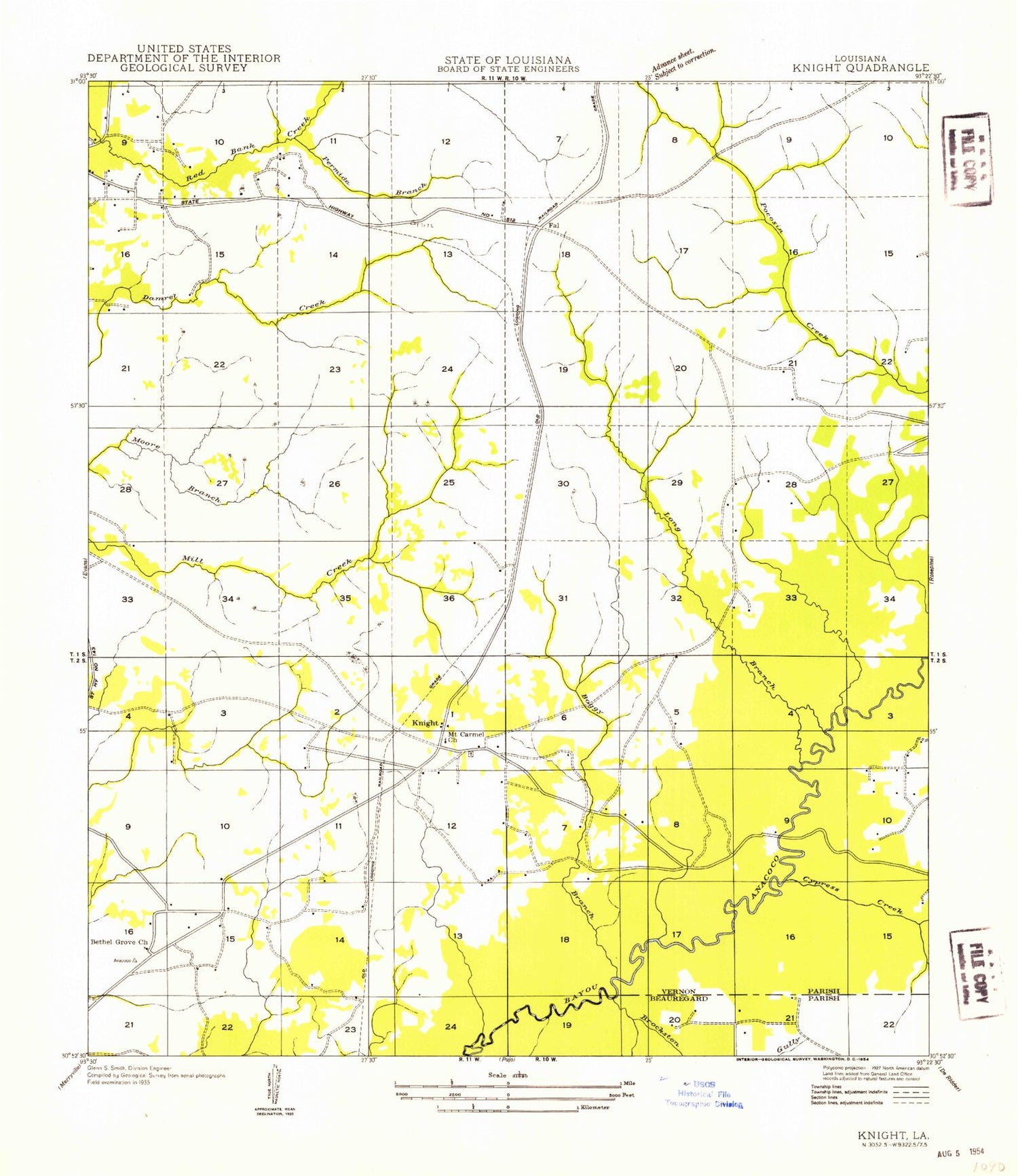 Classic USGS Knight Louisiana 7.5'x7.5' Topo Map Image