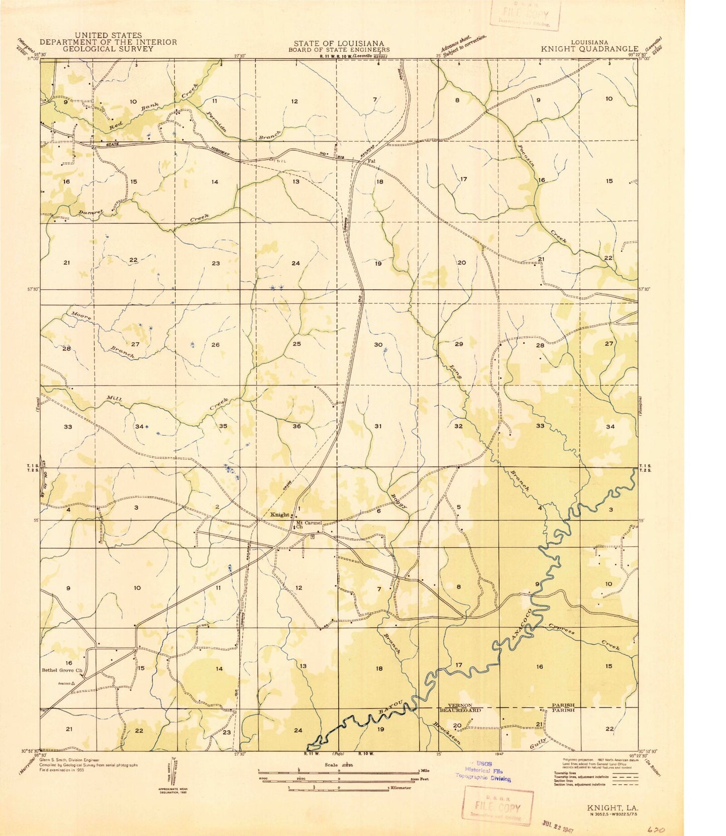 Classic USGS Knight Louisiana 7.5'x7.5' Topo Map Image