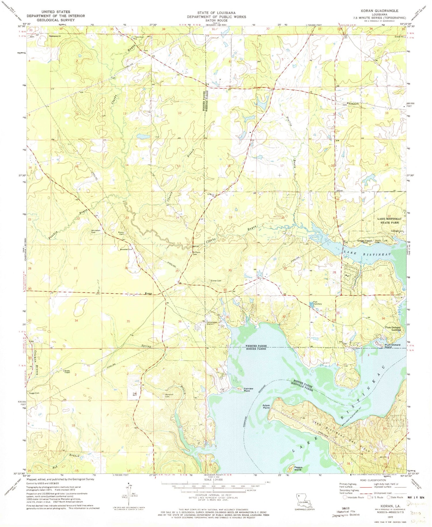 Classic USGS Koran Louisiana 7.5'x7.5' Topo Map Image