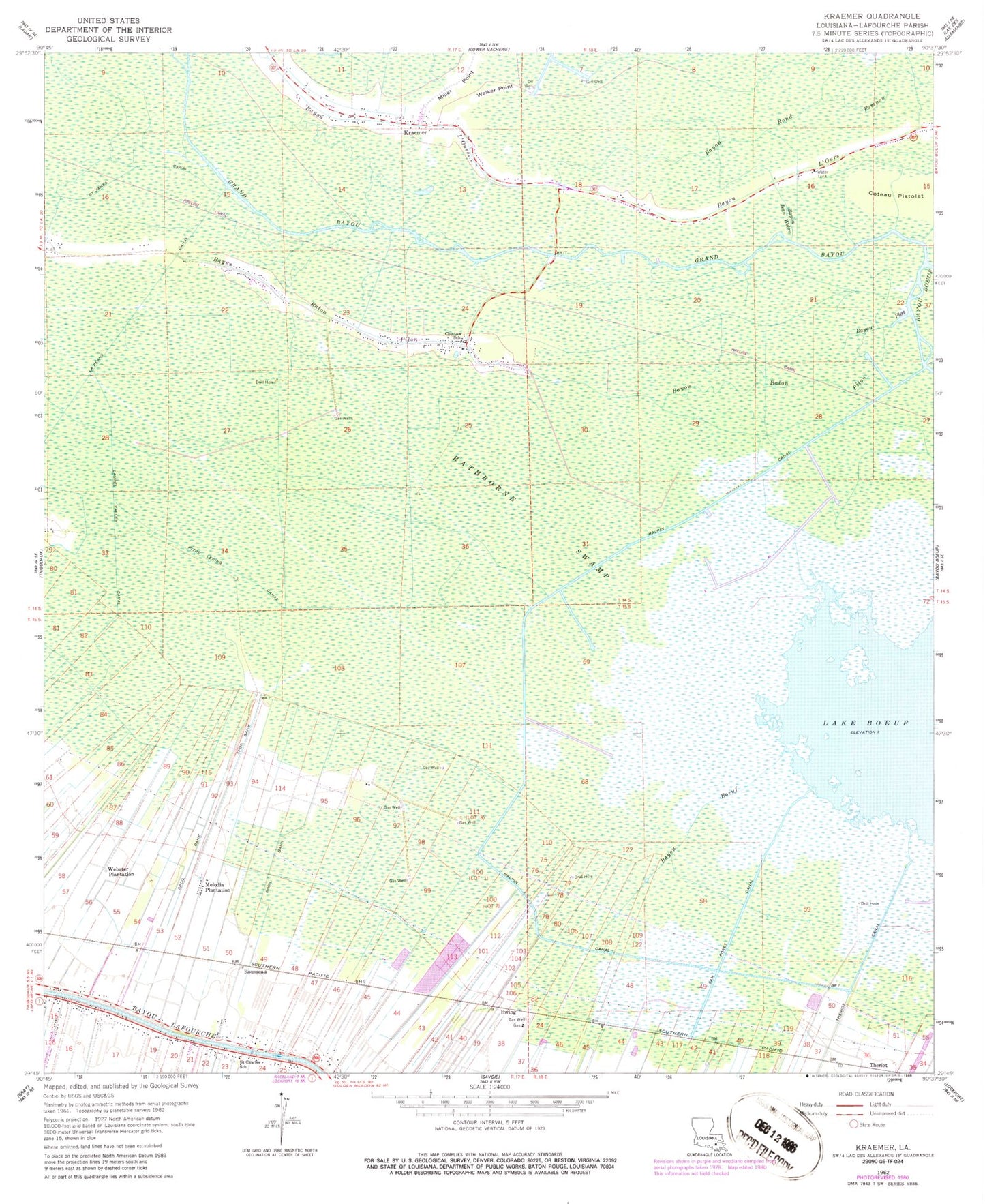 Classic USGS Kraemer Louisiana 7.5'x7.5' Topo Map Image