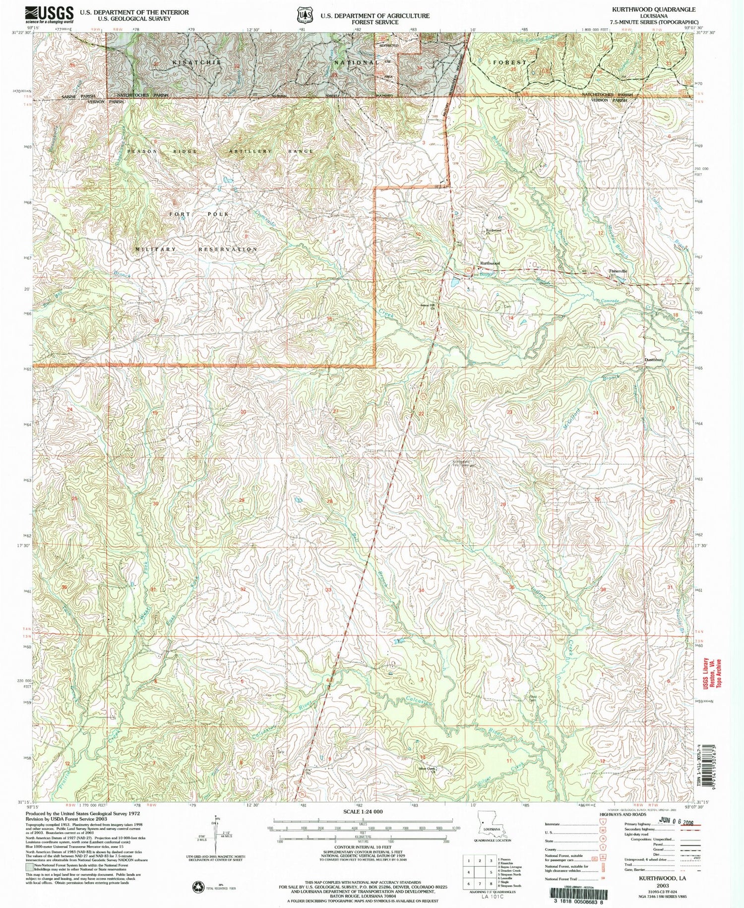 Classic USGS Kurthwood Louisiana 7.5'x7.5' Topo Map Image
