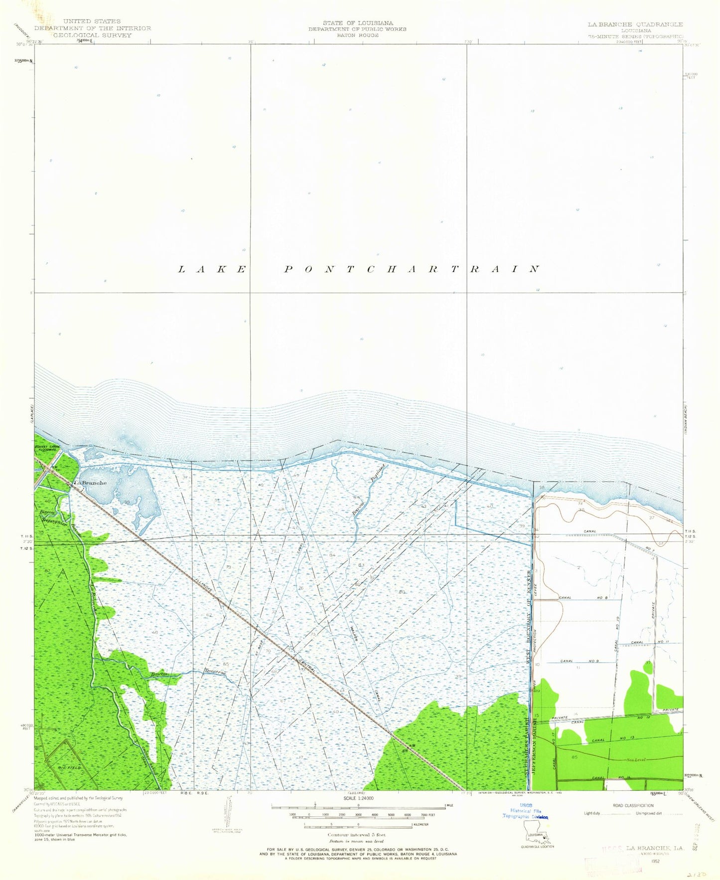 Classic USGS La Branche Louisiana 7.5'x7.5' Topo Map Image