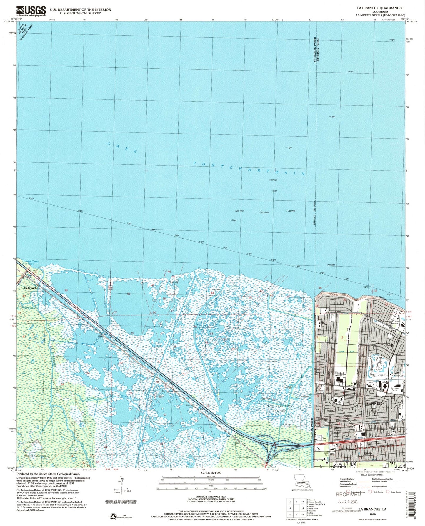 Classic USGS La Branche Louisiana 7.5'x7.5' Topo Map Image