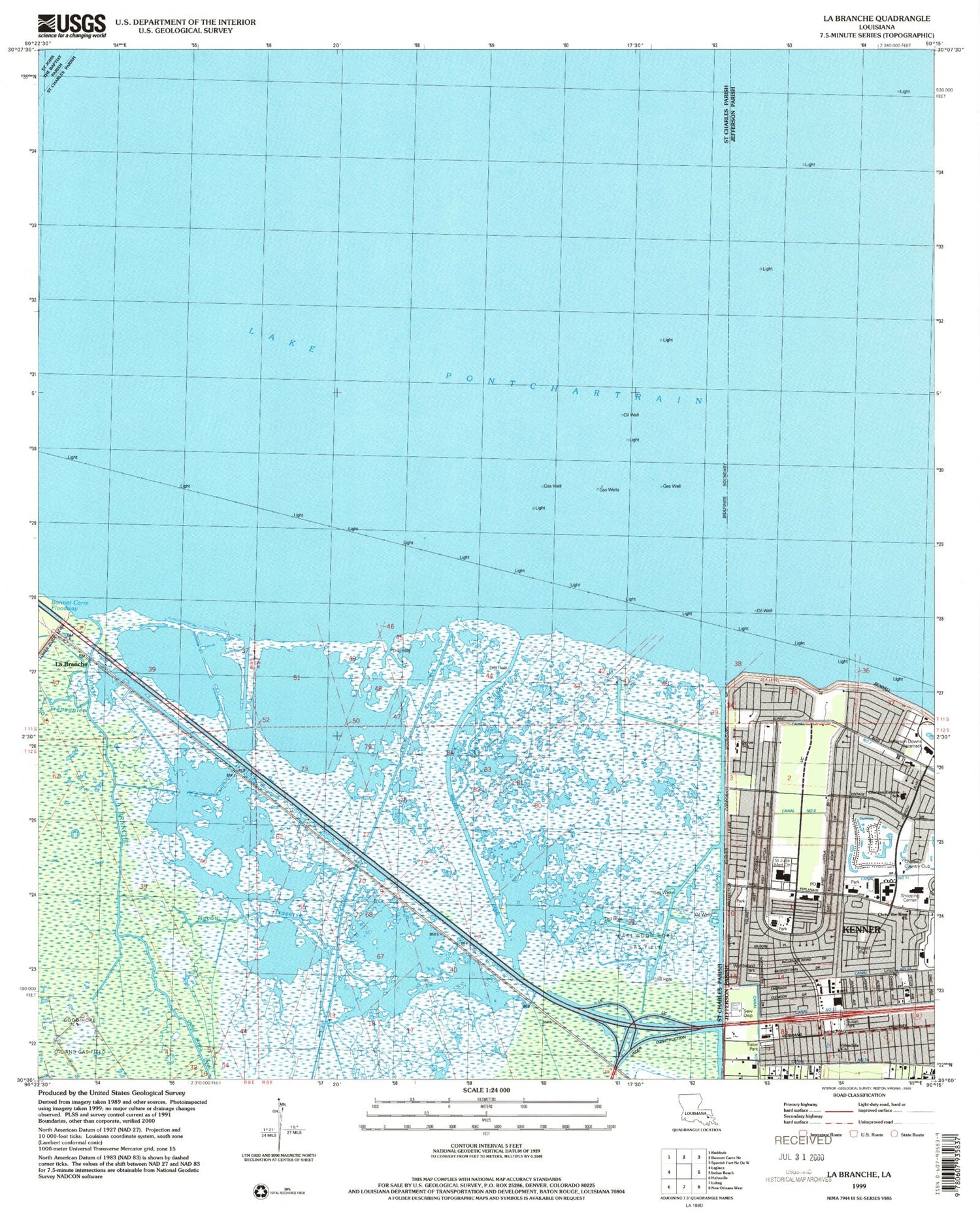 Classic USGS La Branche Louisiana 7.5'x7.5' Topo Map Image
