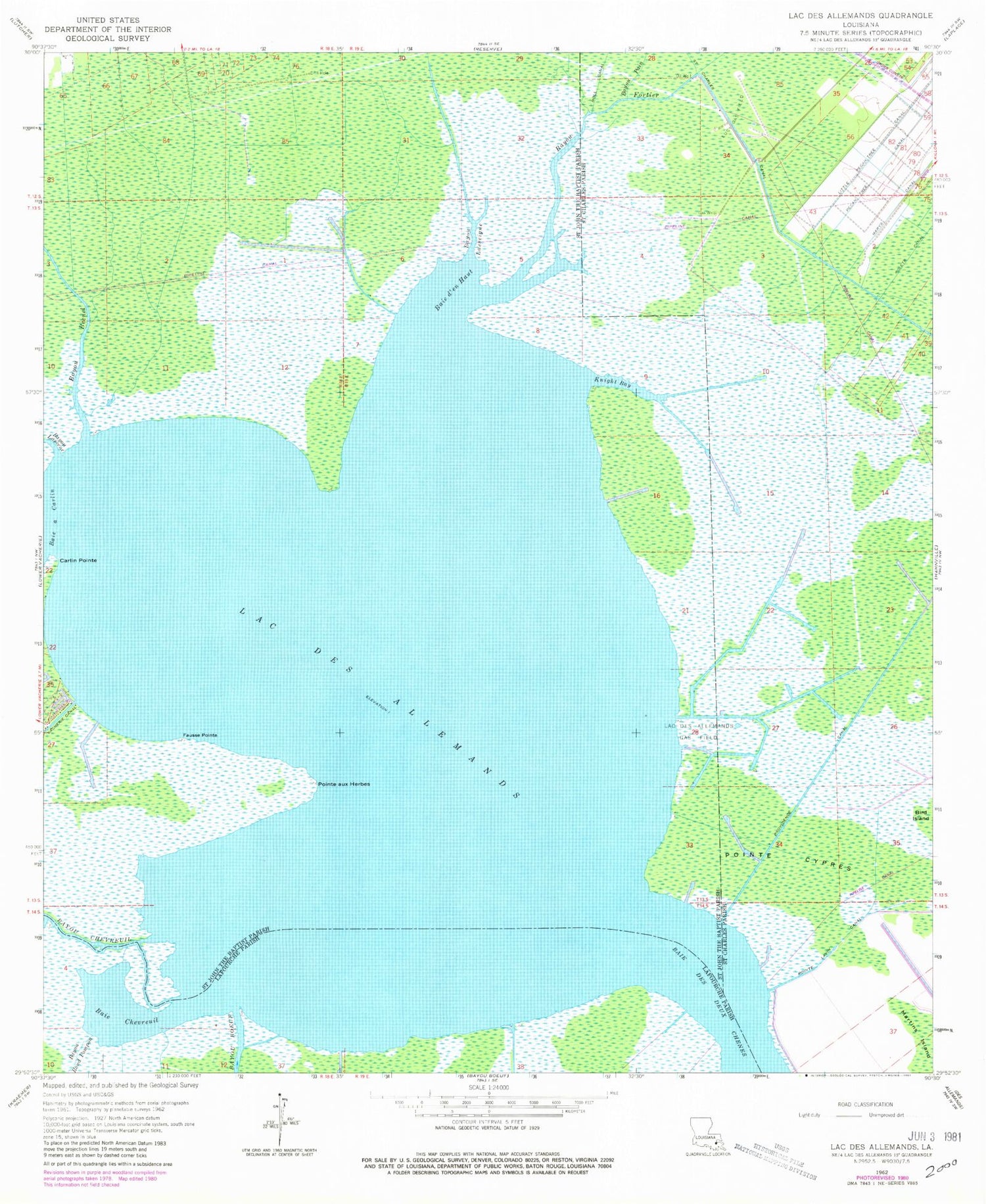 Classic USGS Lac des Allemands Louisiana 7.5'x7.5' Topo Map Image