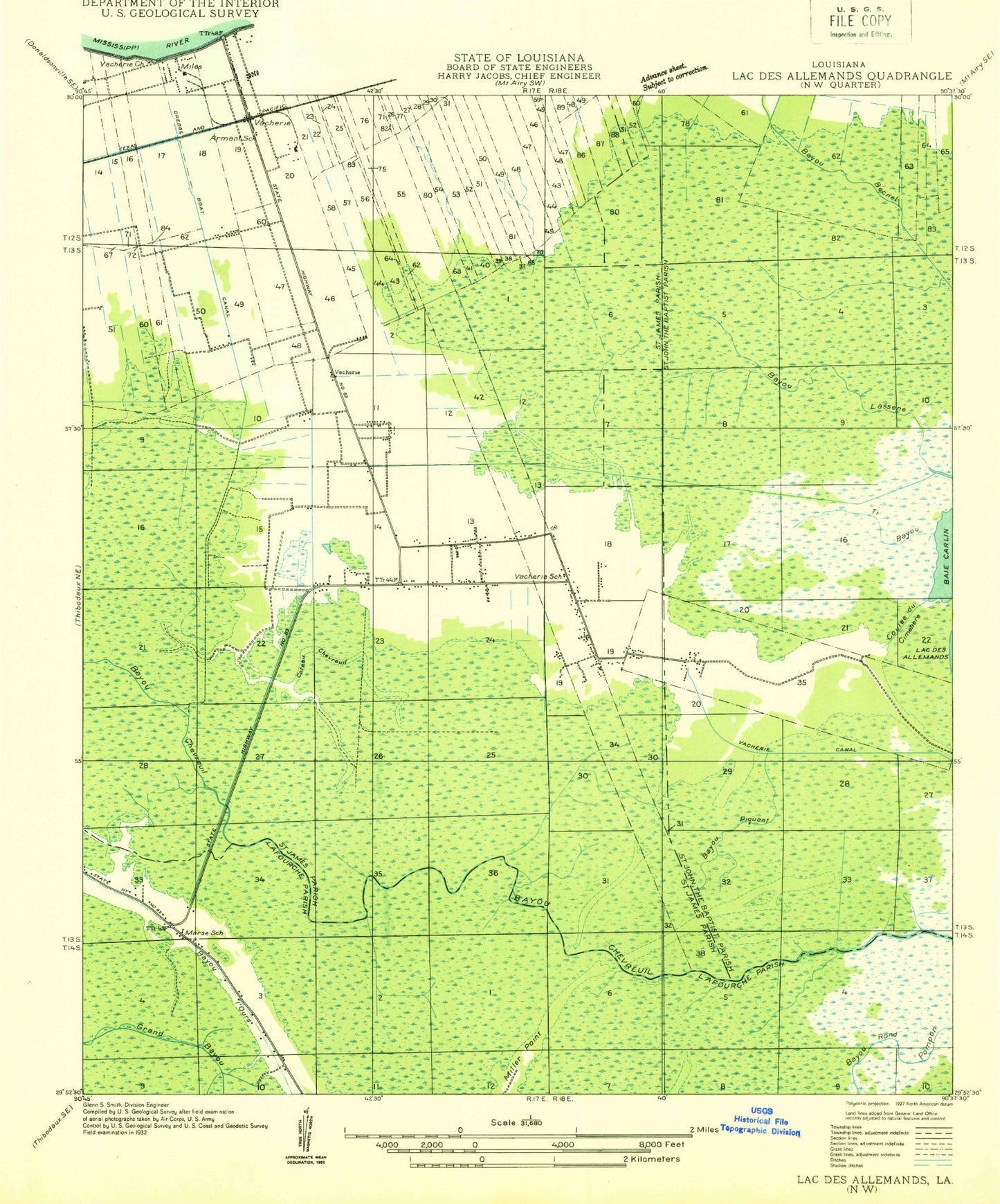 Classic USGS Lower Vacherie Louisiana 7.5'x7.5' Topo Map Image