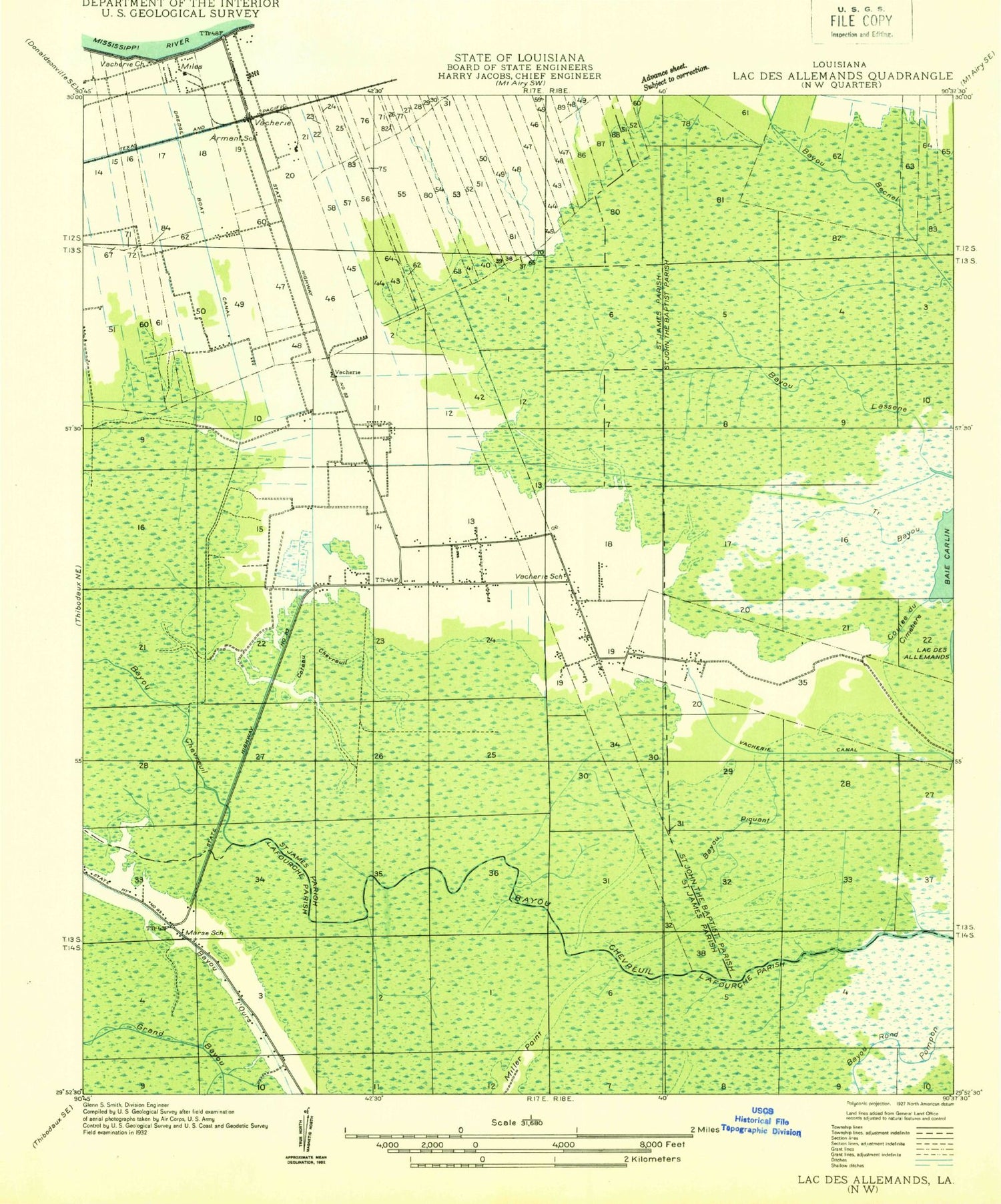 Classic USGS Lower Vacherie Louisiana 7.5'x7.5' Topo Map Image