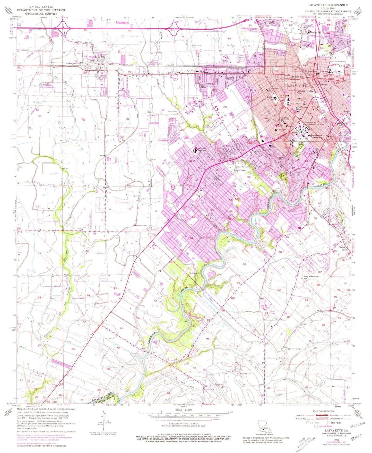 Classic USGS Lafayette Louisiana 7.5'x7.5' Topo Map Image