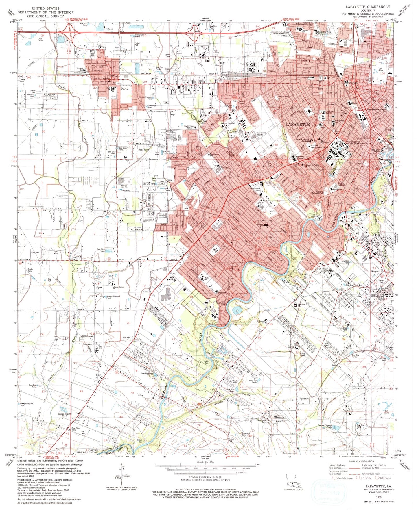 Classic USGS Lafayette Louisiana 7.5'x7.5' Topo Map Image