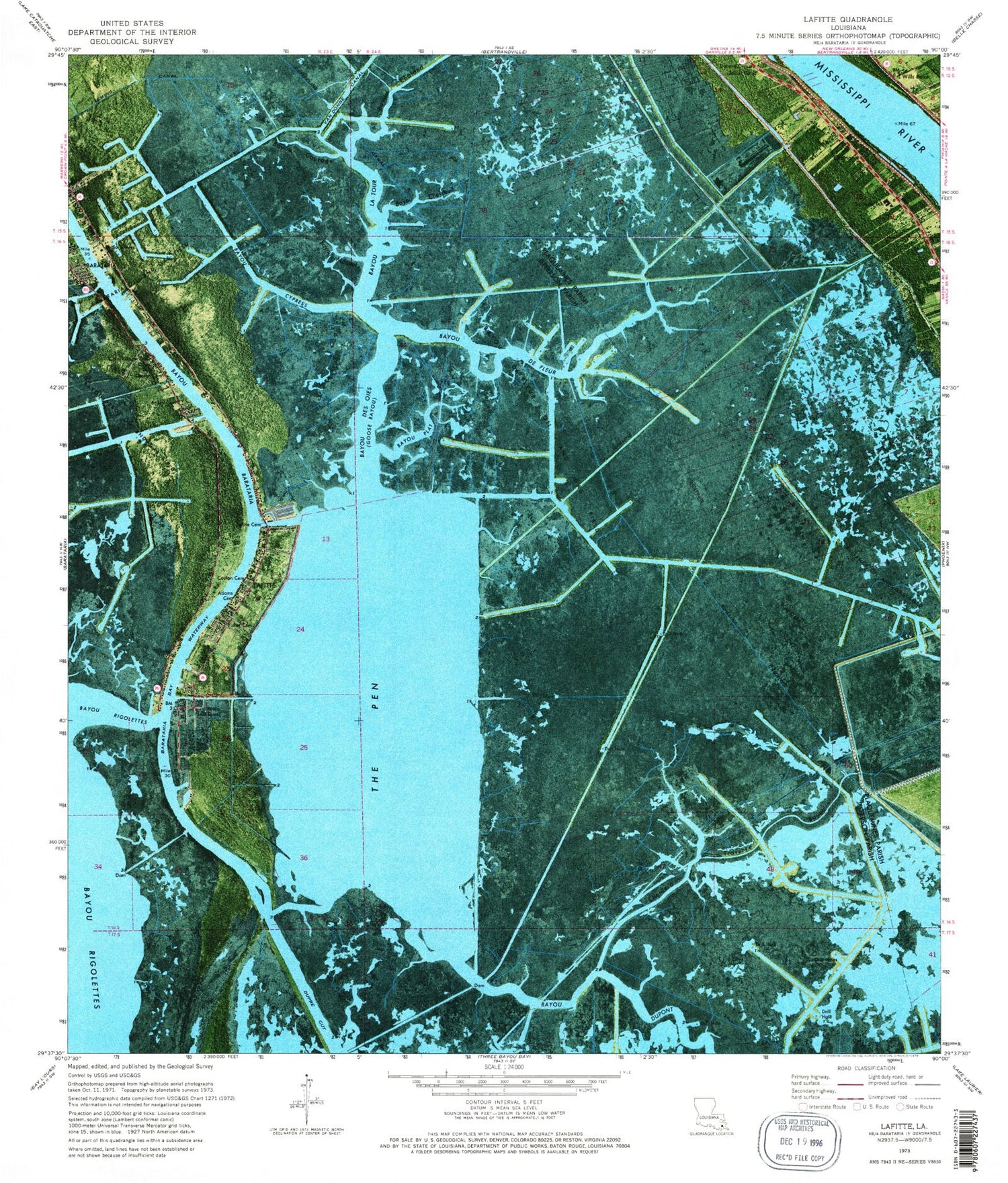 Classic USGS Lafitte Louisiana 7.5'x7.5' Topo Map Image
