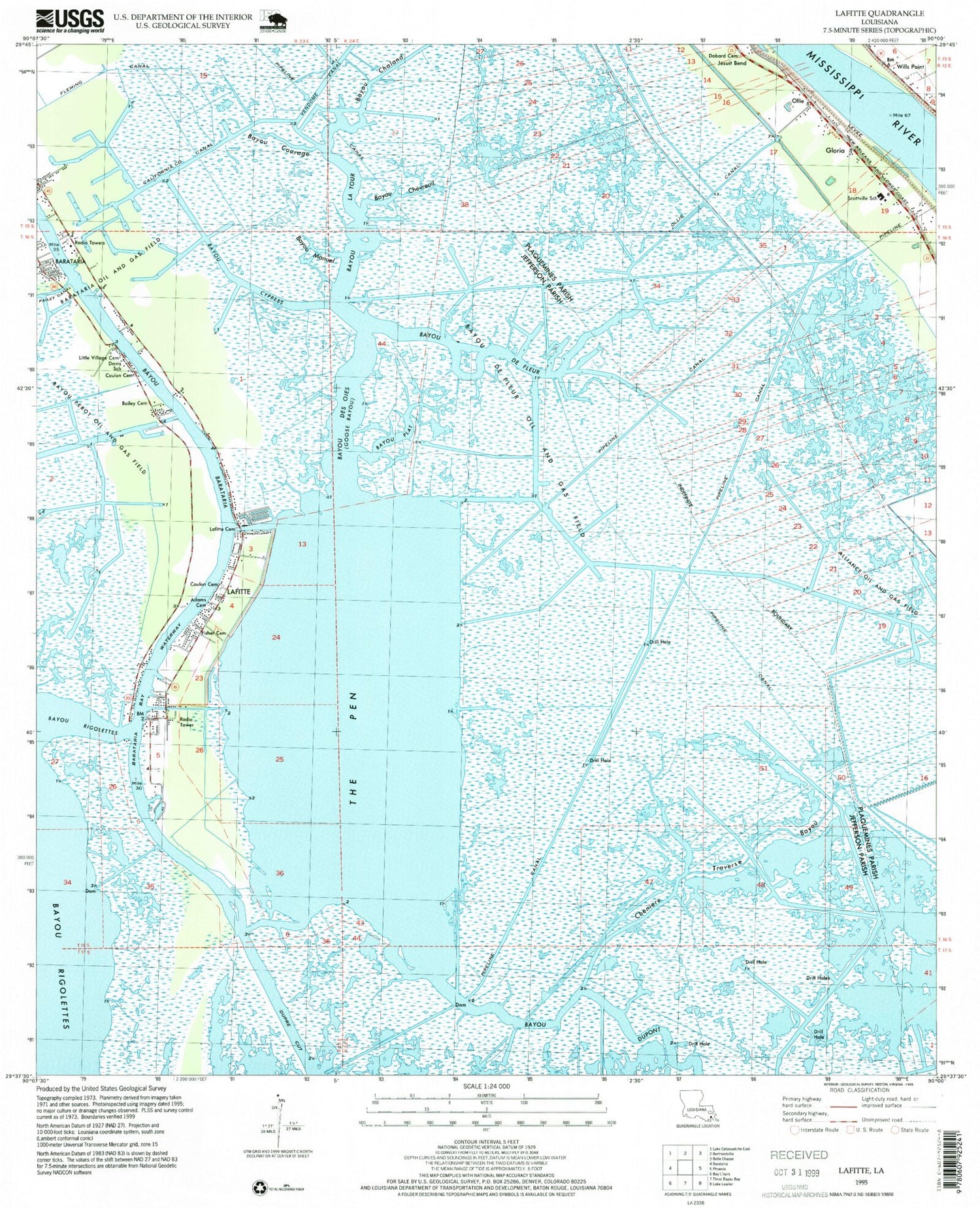 Classic USGS Lafitte Louisiana 7.5'x7.5' Topo Map Image