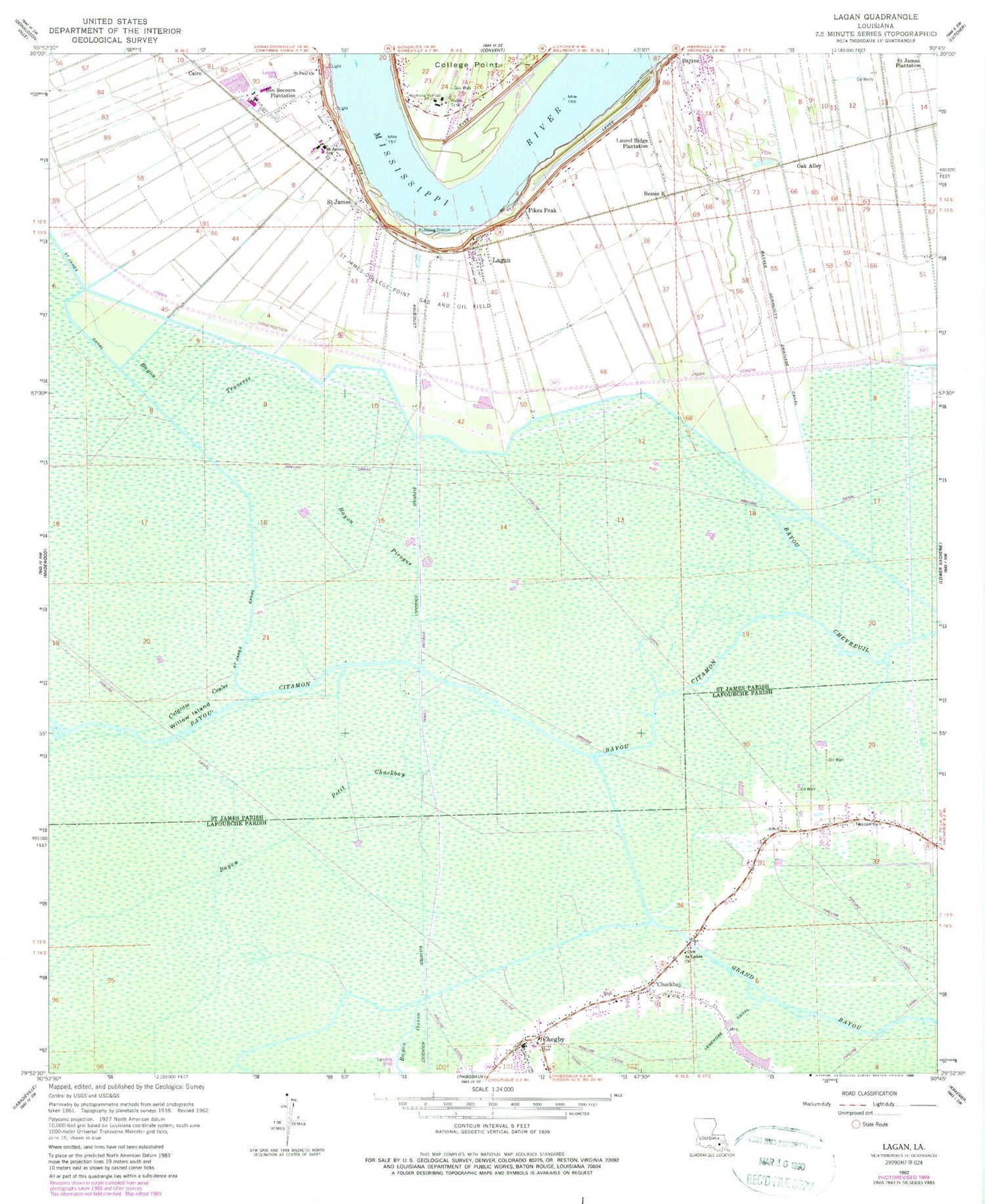 Classic USGS Lagan Louisiana 7.5'x7.5' Topo Map Image