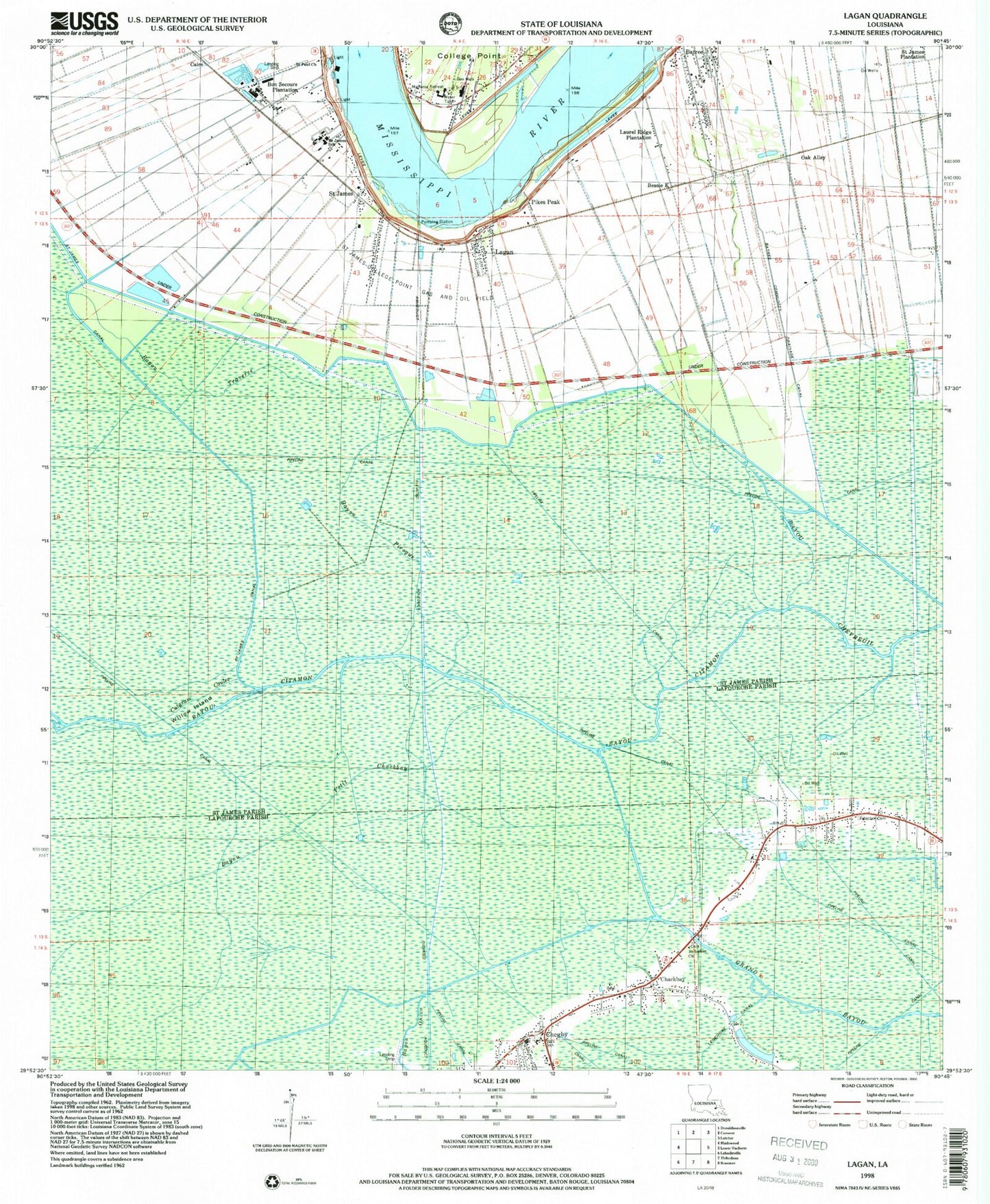 Classic USGS Lagan Louisiana 7.5'x7.5' Topo Map Image