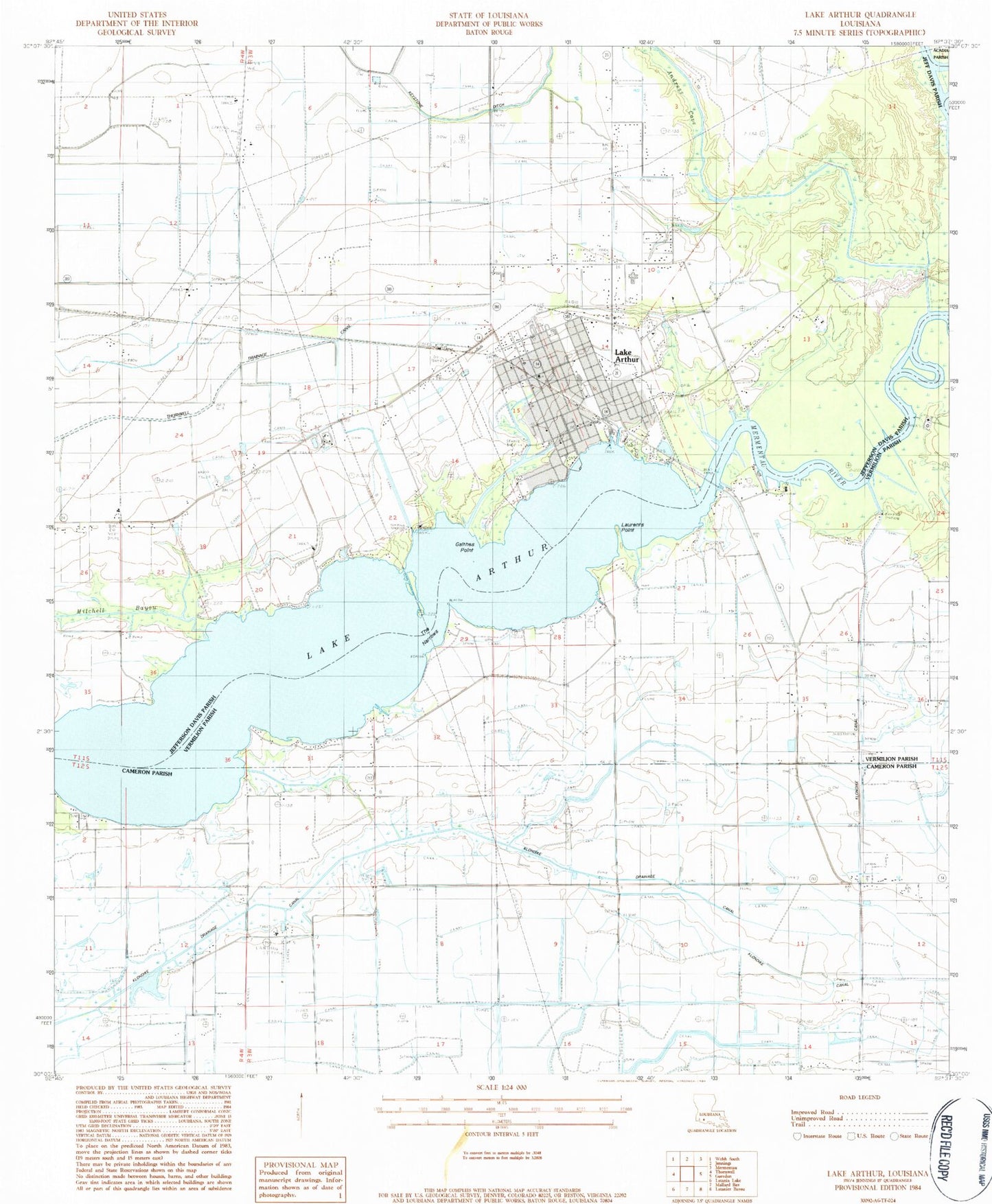 Classic USGS Lake Arthur Louisiana 7.5'x7.5' Topo Map Image