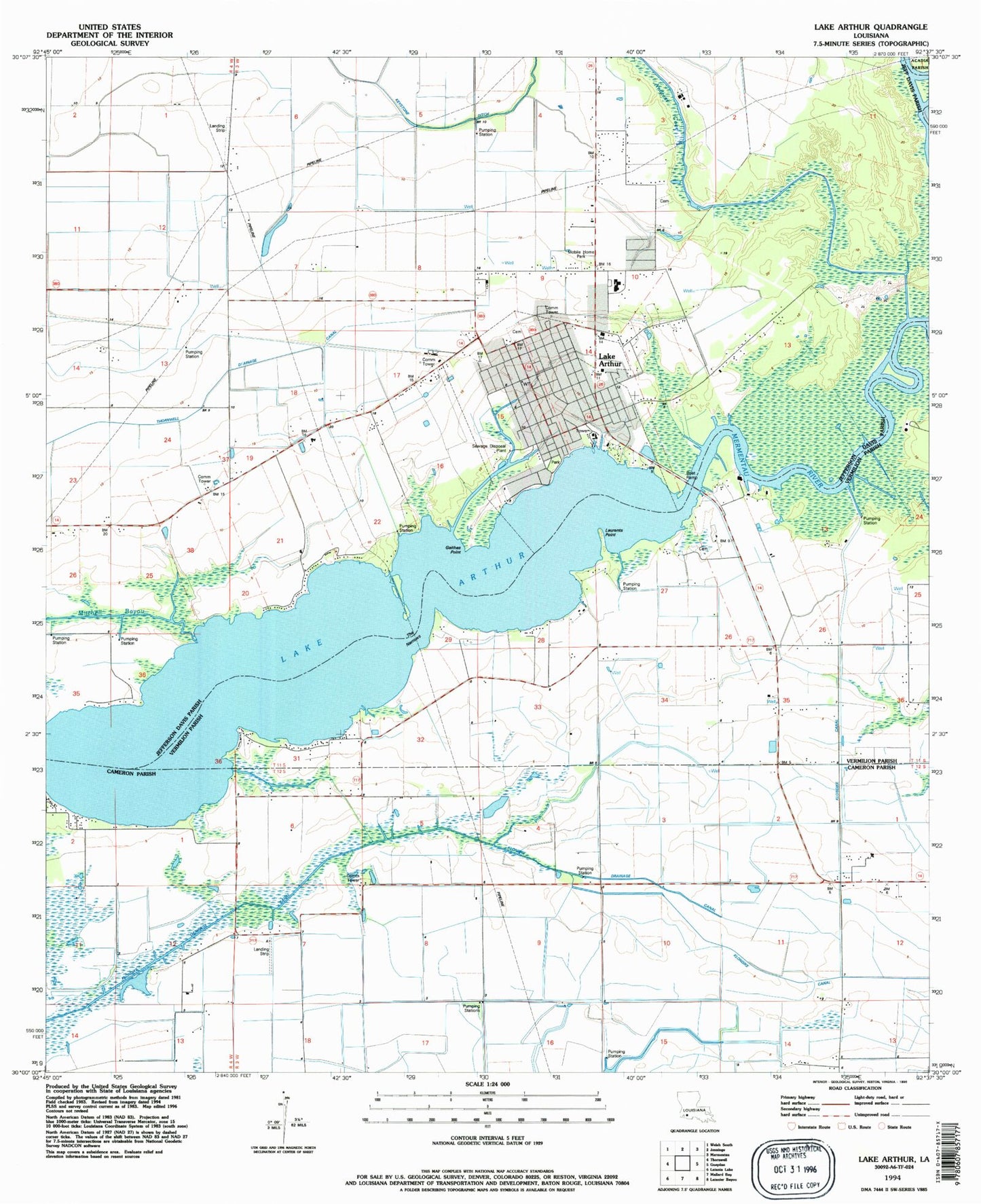 Classic USGS Lake Arthur Louisiana 7.5'x7.5' Topo Map Image