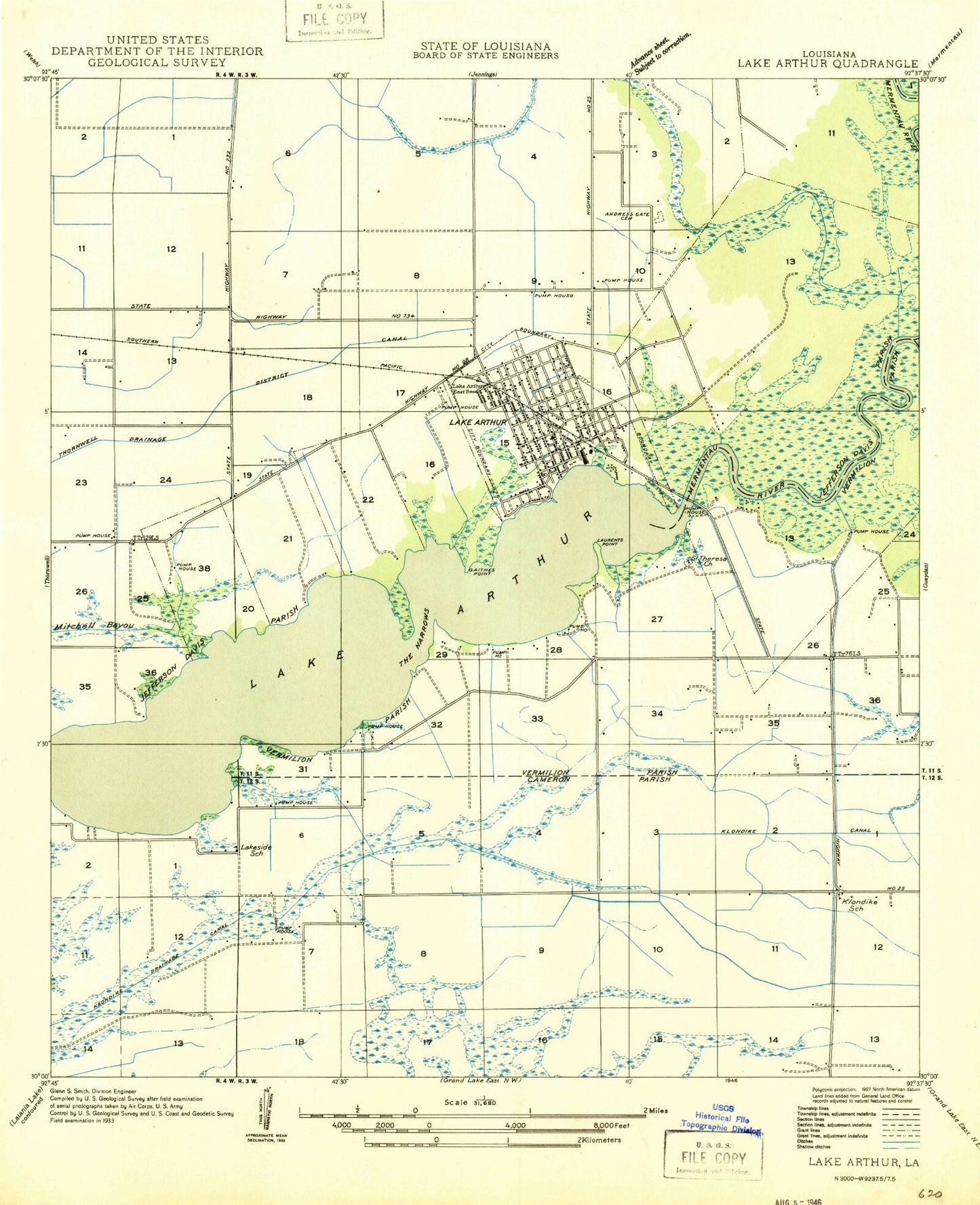 Classic USGS Lake Arthur Louisiana 7.5'x7.5' Topo Map Image