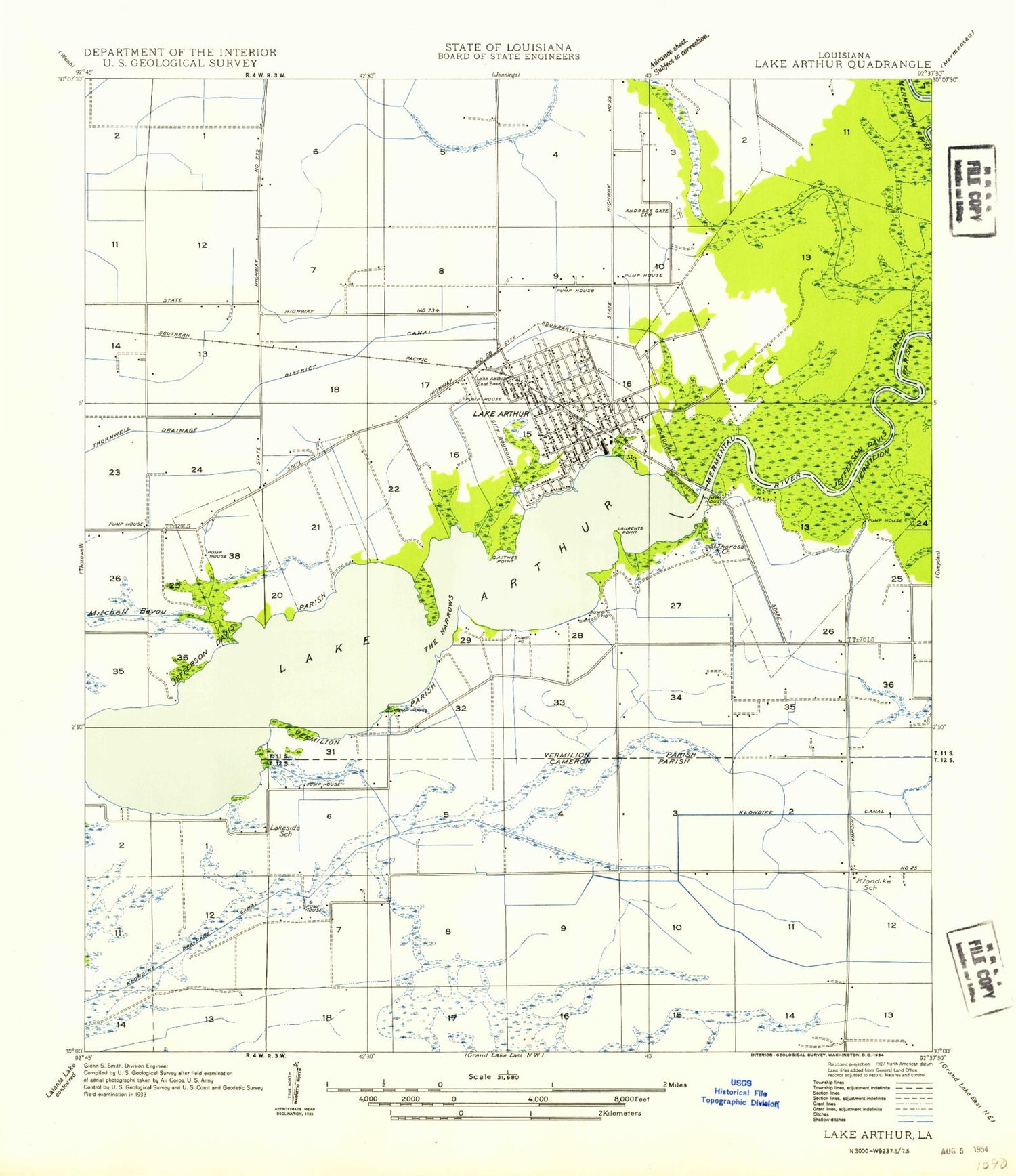 Classic USGS Lake Arthur Louisiana 7.5'x7.5' Topo Map Image