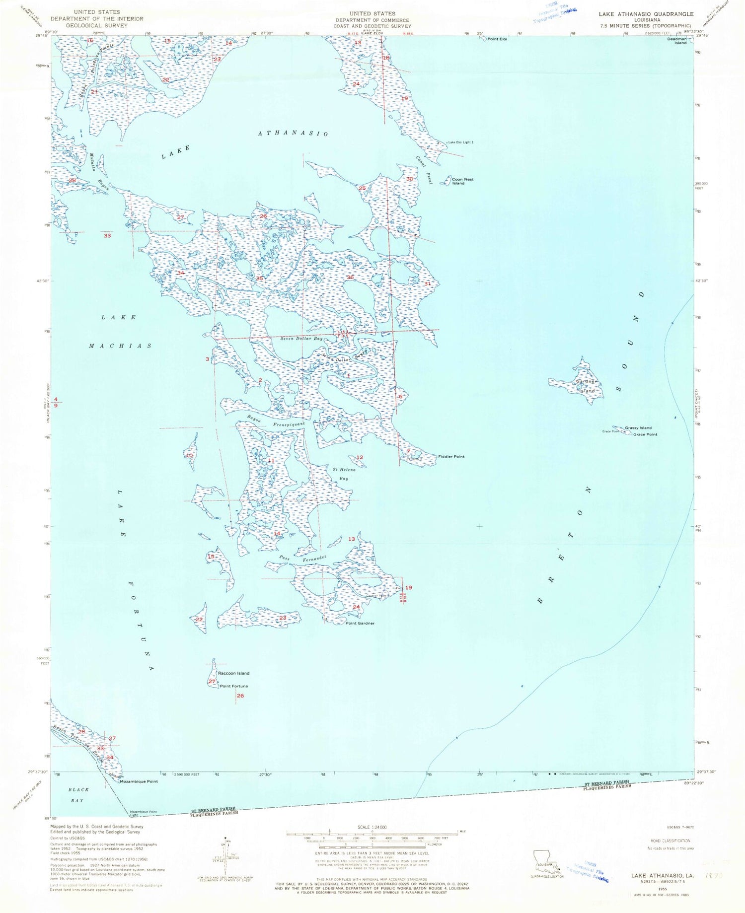 Classic USGS Lake Athanasio Louisiana 7.5'x7.5' Topo Map Image