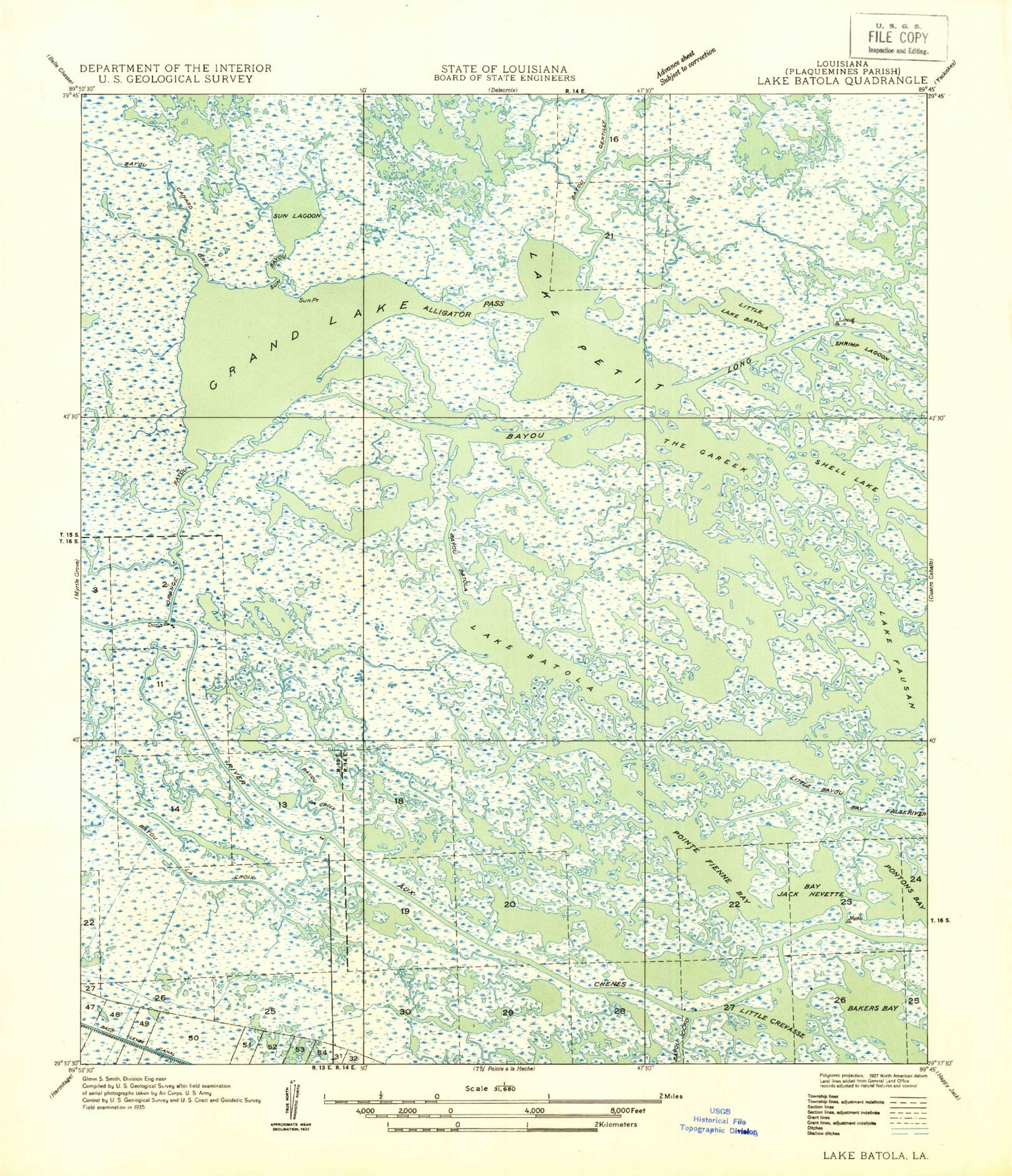 Classic USGS Lake Batola Louisiana 7.5'x7.5' Topo Map Image