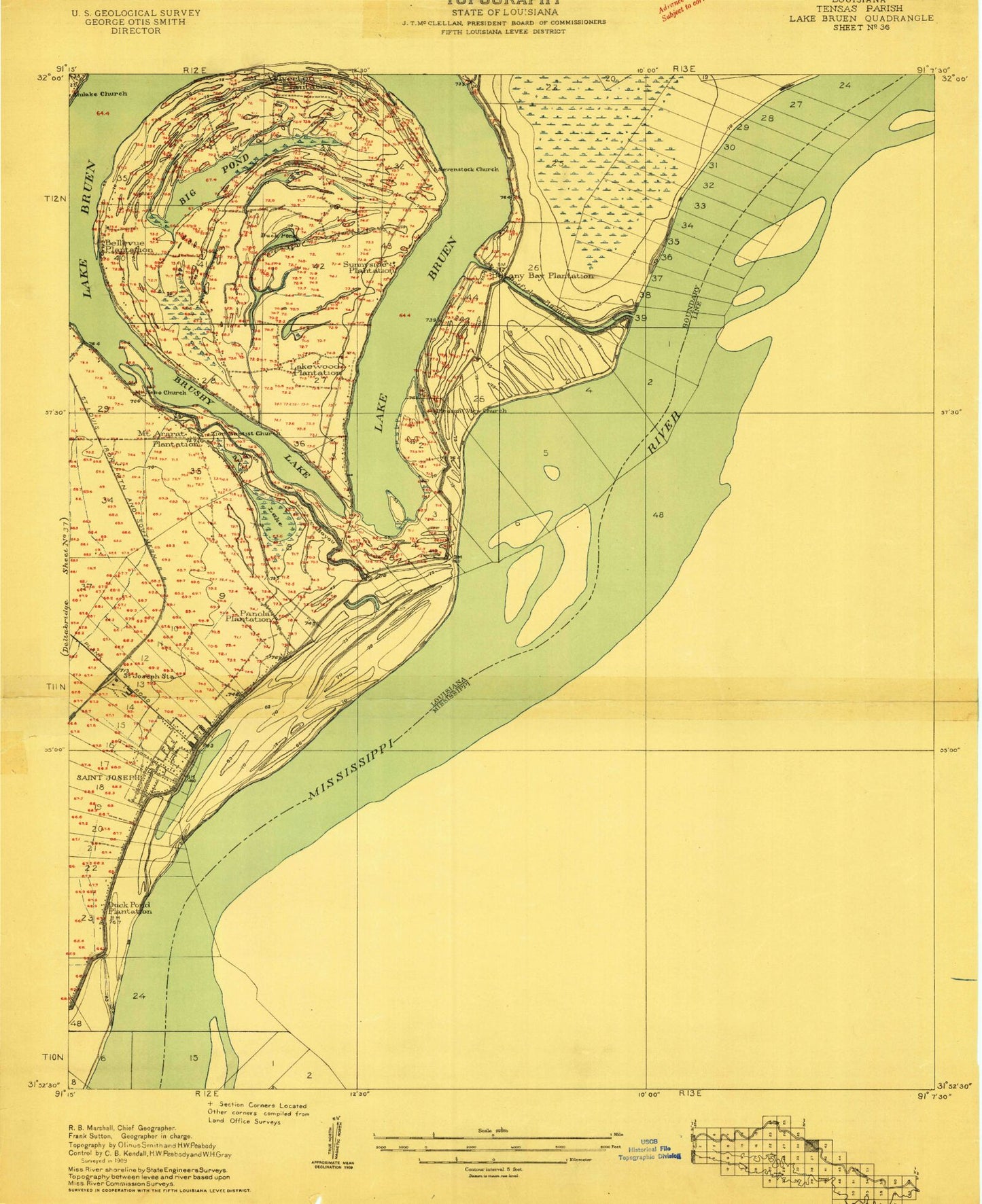 Classic USGS Saint Joseph Louisiana 7.5'x7.5' Topo Map Image