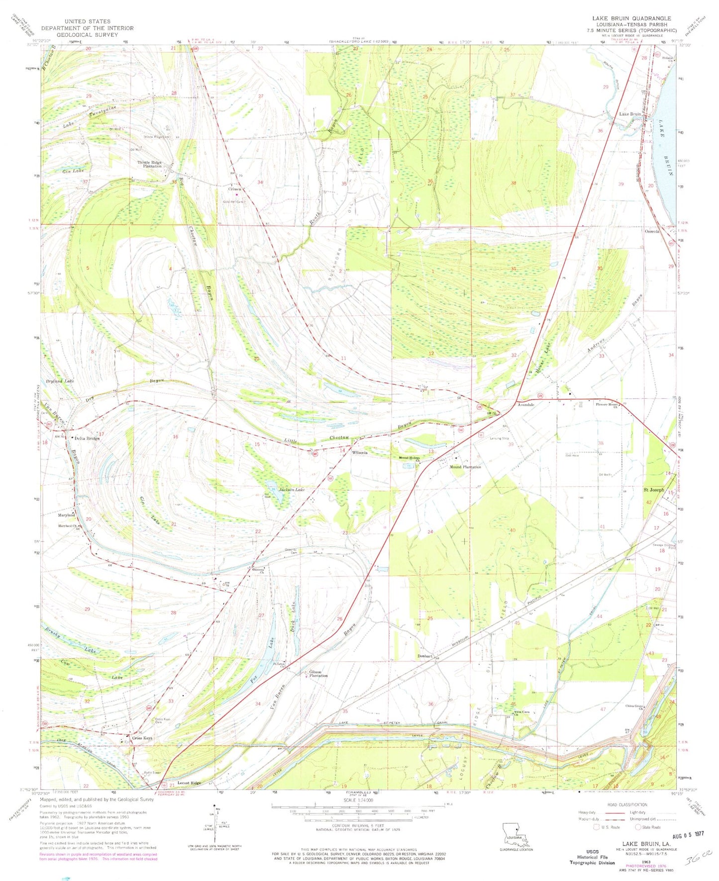 Classic USGS Lake Bruin Louisiana 7.5'x7.5' Topo Map Image
