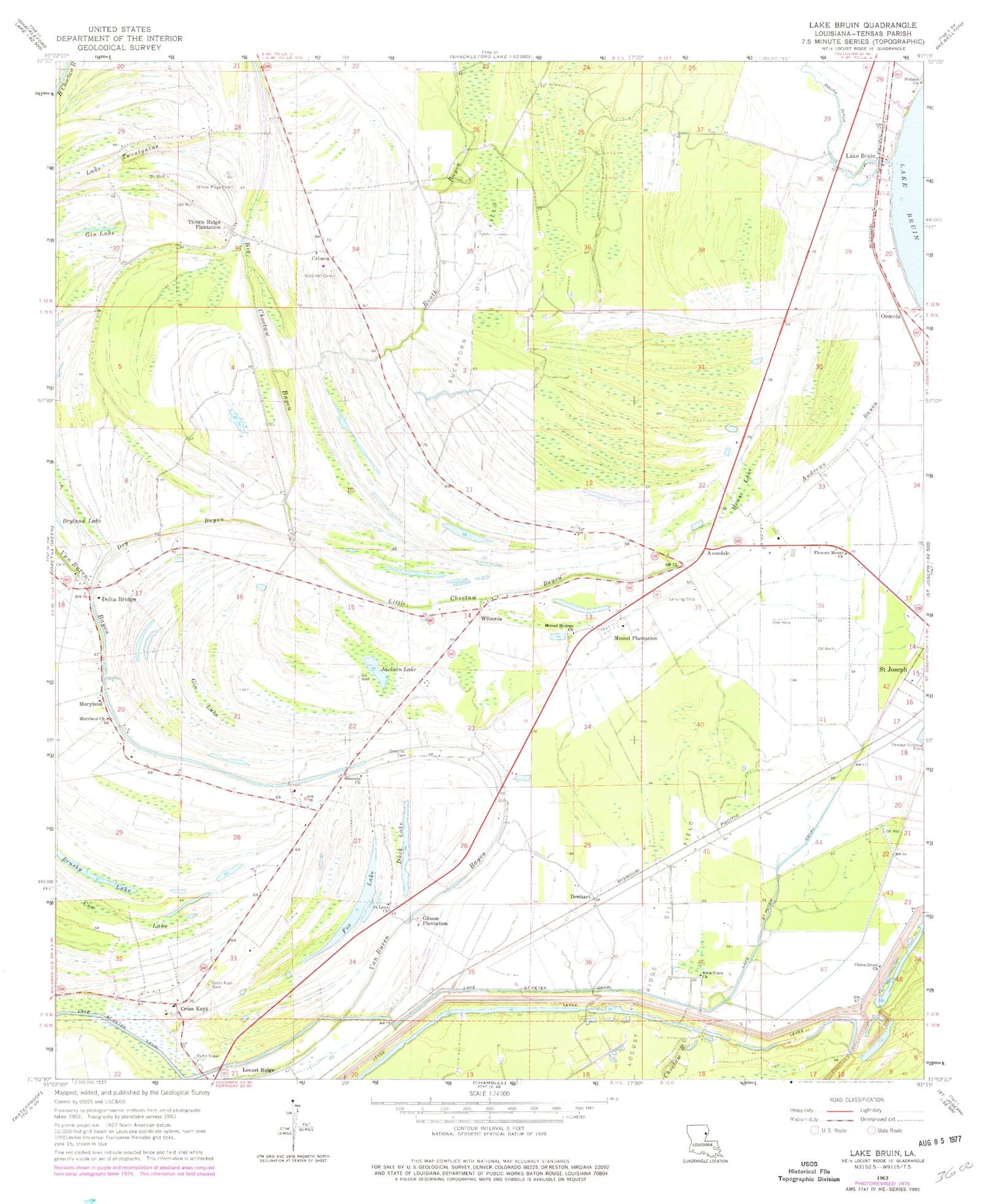 Classic USGS Lake Bruin Louisiana 7.5'x7.5' Topo Map Image